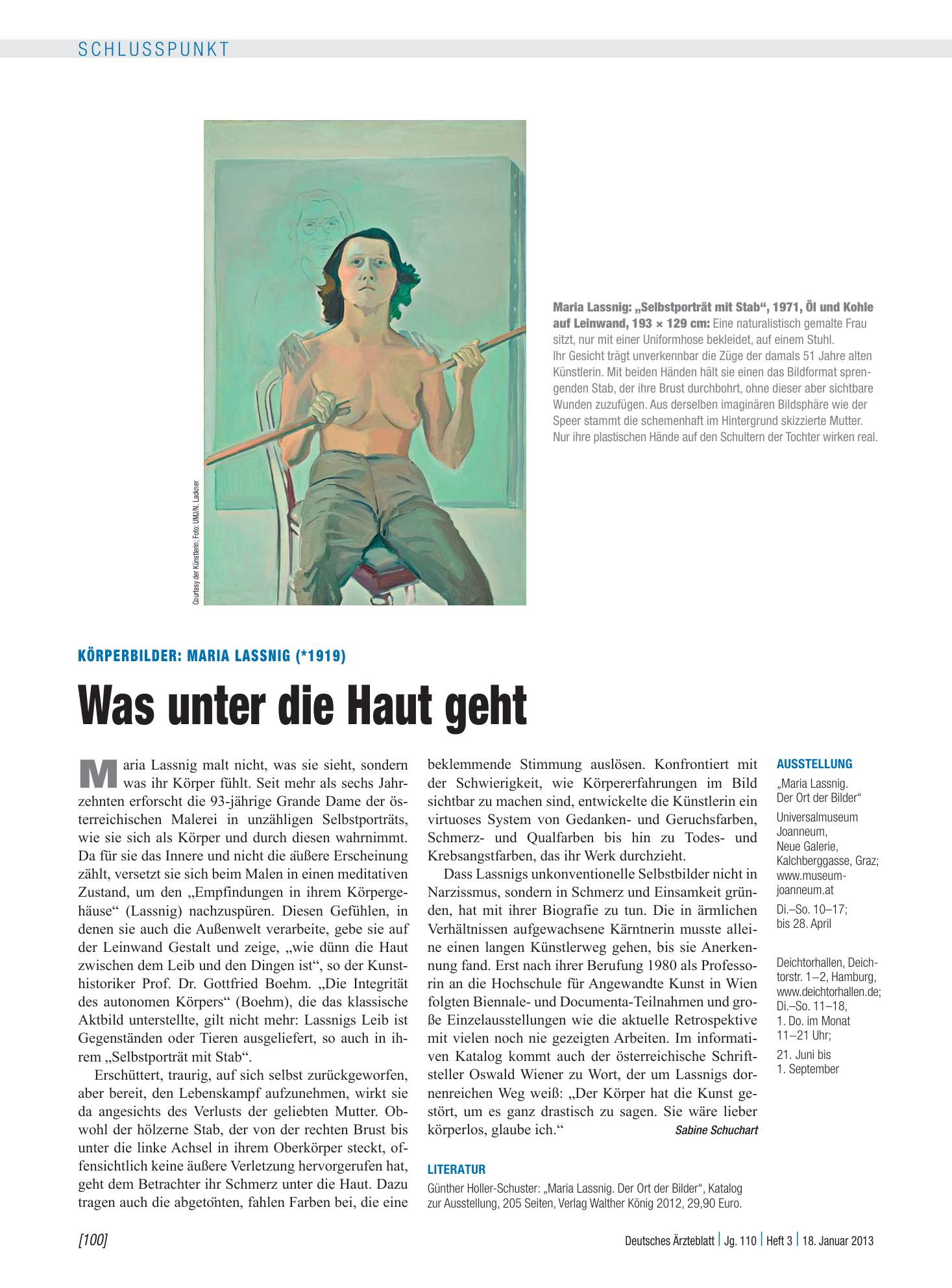 Vorschauseite 1: Körperbilder: Maria Lassnig (*1919) – Was unter die Haut geht – Deutsches Ärzteblatt