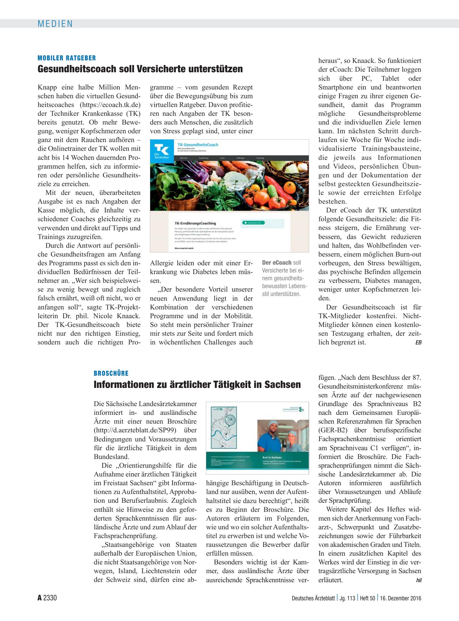 Vorschauseite 1: Mobiler Ratgeber: Gesundheitscoach soll Versicherte unterstützen – Deutsches Ärzteblatt