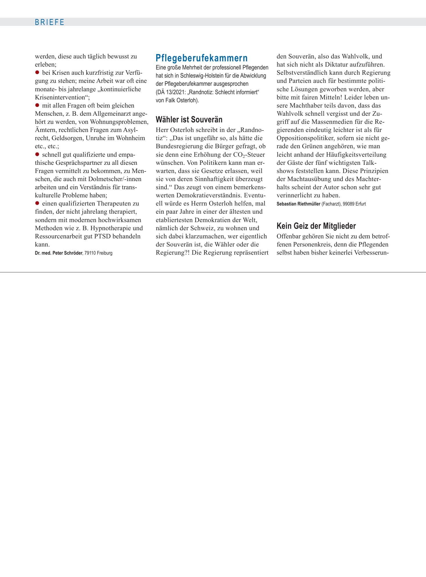 Vorschauseite 1: Pflegeberufekammern: Kein Geiz der Mitglieder – Deutsches Ärzteblatt