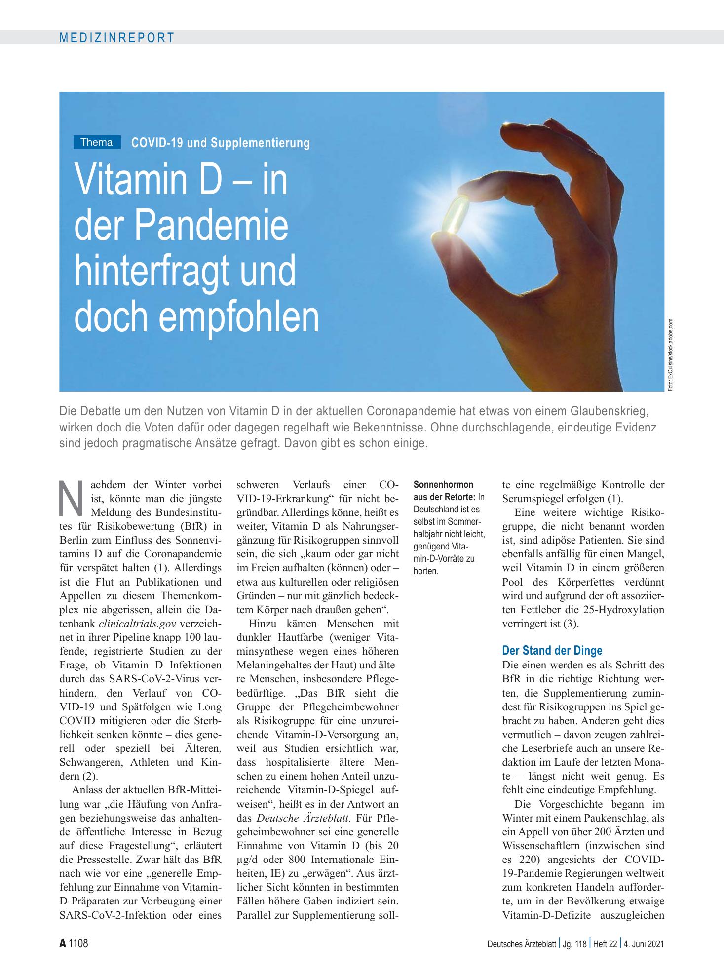 Vorschauseite 1: COVID-19 und Supplementierung: Vitamin D – in der Pandemie hinterfragt und doch empfohlen – Deutsches Ärzteblatt