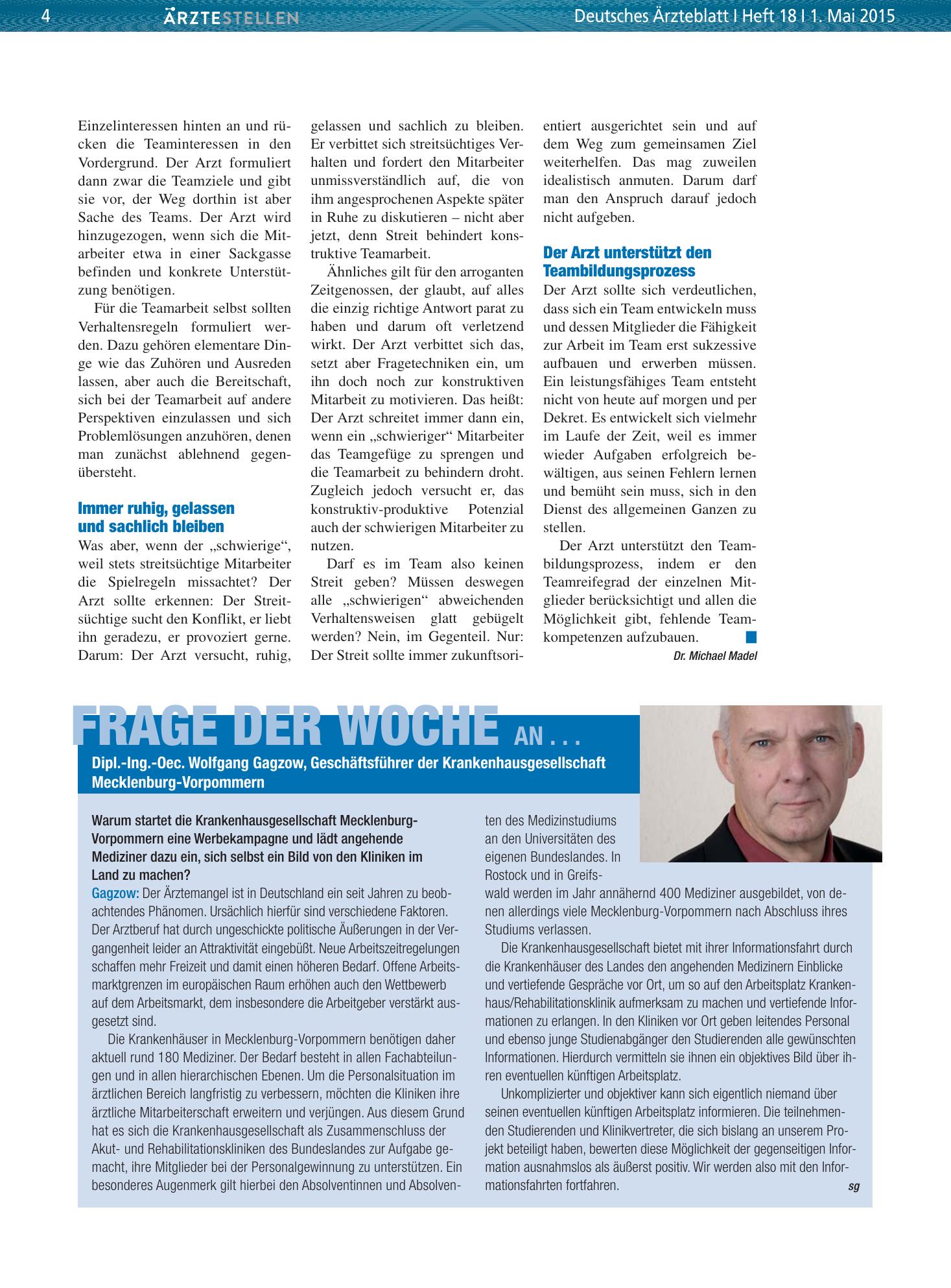 Vorschauseite 1: Frage der Woche an . . . Dipl.-Ing.-Oec. Wolfgang Gagzow, Geschäftsführer der Krankenhausgesellschaft Mecklenburg-Vorpommern – Deutsches Ärzteblatt