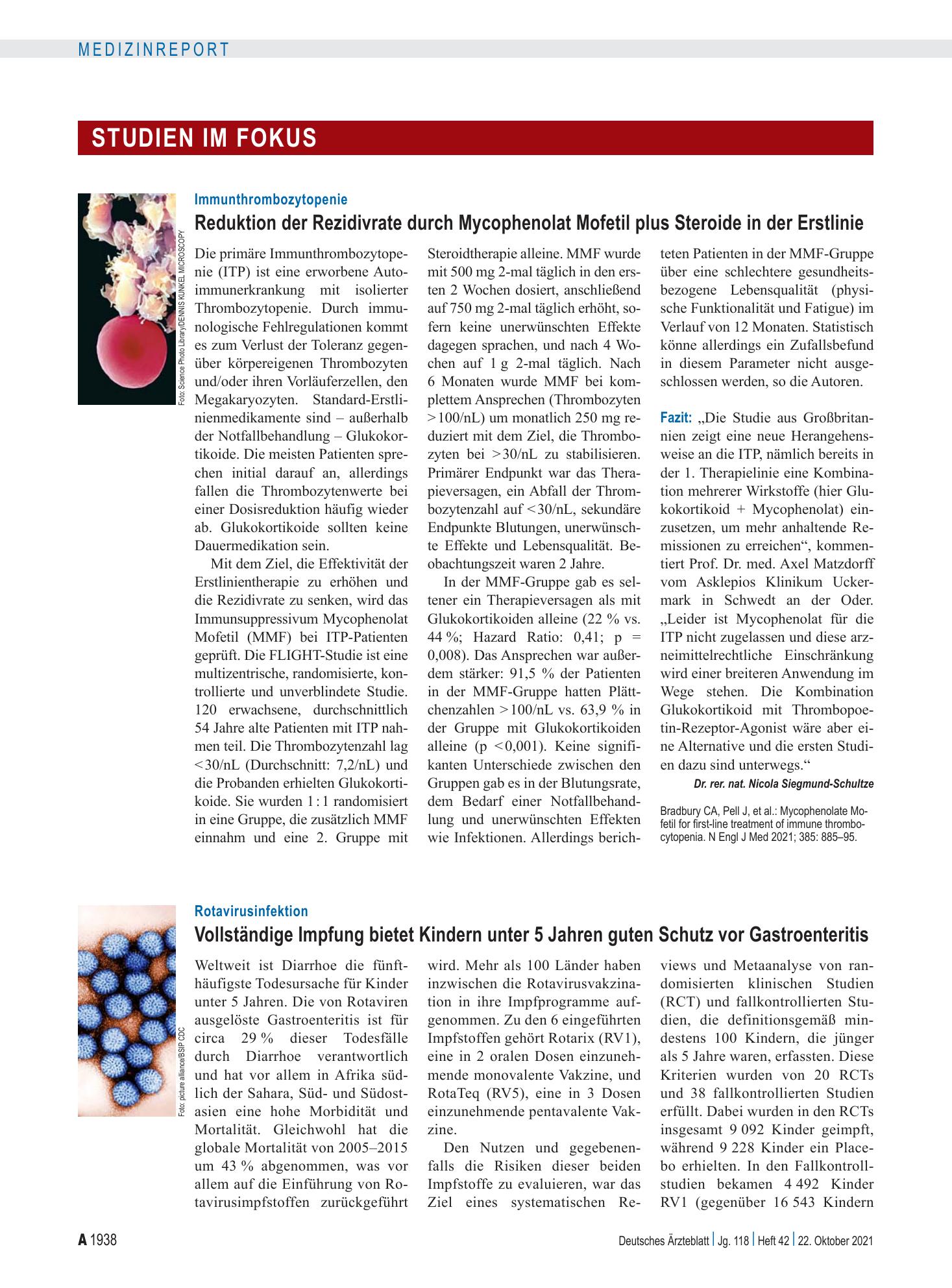 Vorschauseite 1: Immunthrombozytopenie: Reduktion der Rezidivrate durch Mycophenolat Mofetil plus Steroide in der Erstlinie – Deutsches Ärzteblatt