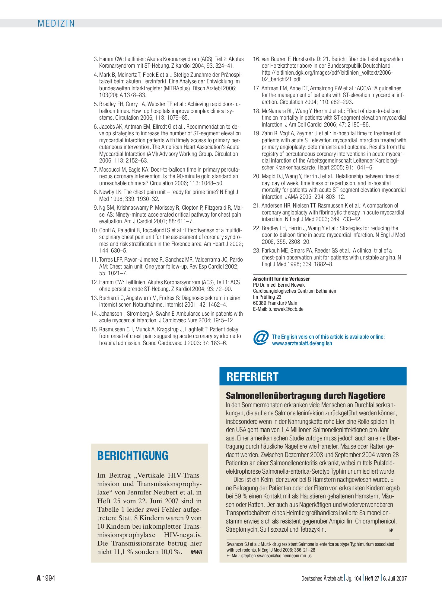 Vorschauseite 1: Salmonellenübertragung durch Nagetiere – Deutsches Ärzteblatt