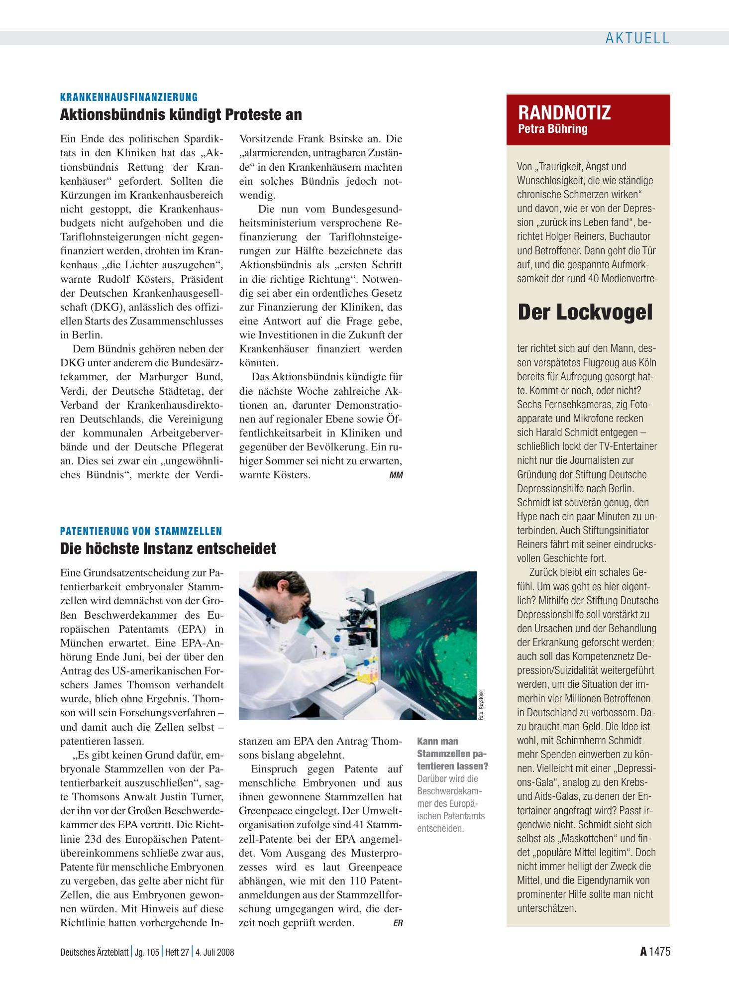 Vorschauseite 1: Randnotiz: Der Lockvogel – Deutsches Ärzteblatt
