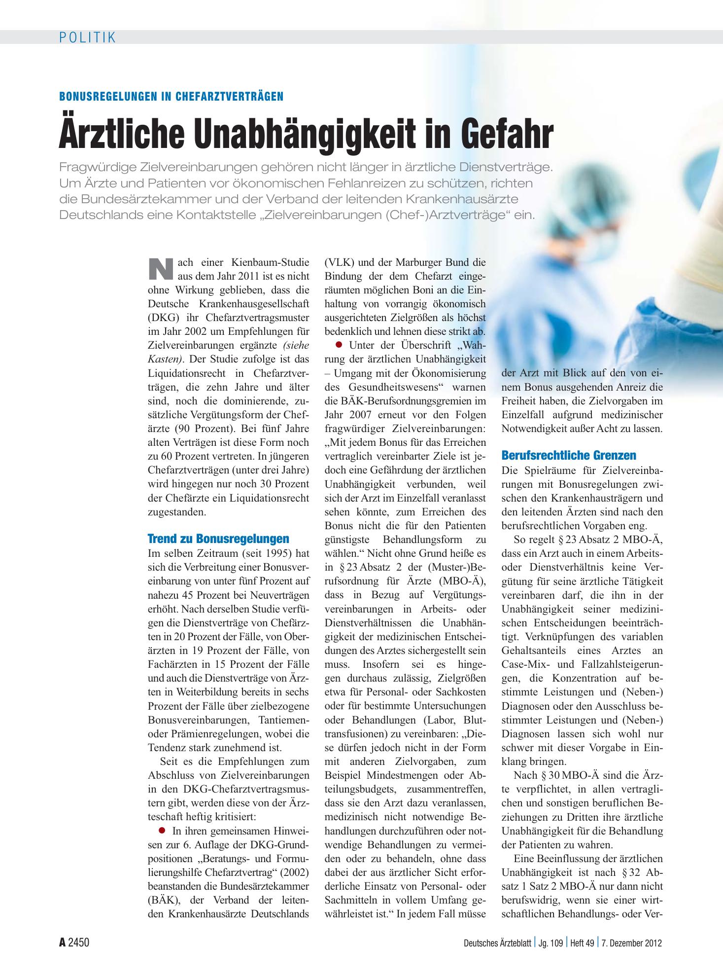 Vorschauseite 1: Bonusregelungen in Chefarztverträgen: Ärztliche Unabhängigkeit in Gefahr – Deutsches Ärzteblatt