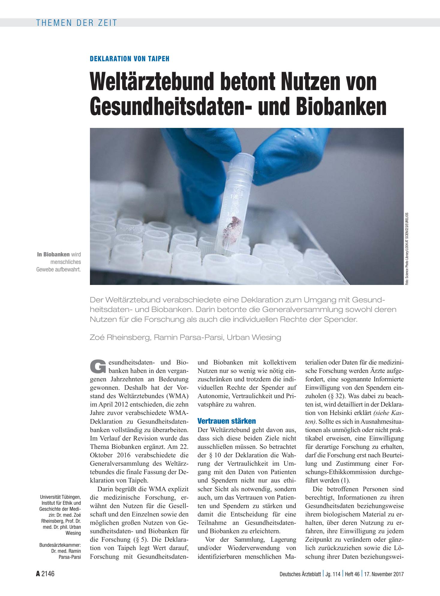 Vorschauseite 1: Deklaration von Taipeh: Weltärztebund betont Nutzen von Gesundheitsdaten- und Biobanken – Deutsches Ärzteblatt