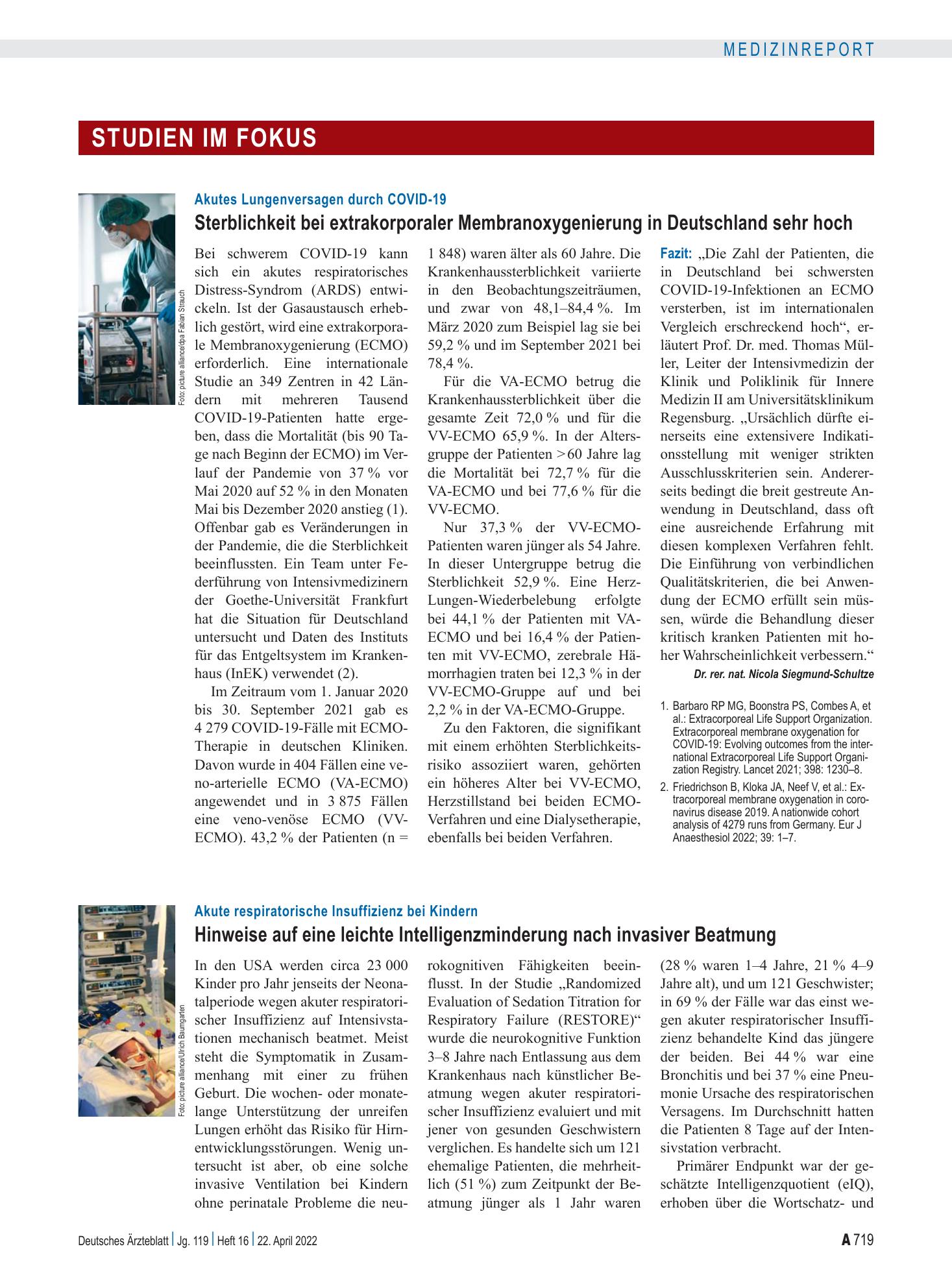 Vorschauseite 1: Akutes Lungenversagen durch COVID-19: Sterblichkeit bei extrakorporaler Membranoxygenierung in Deutschland sehr hoch – Deutsches Ärzteblatt
