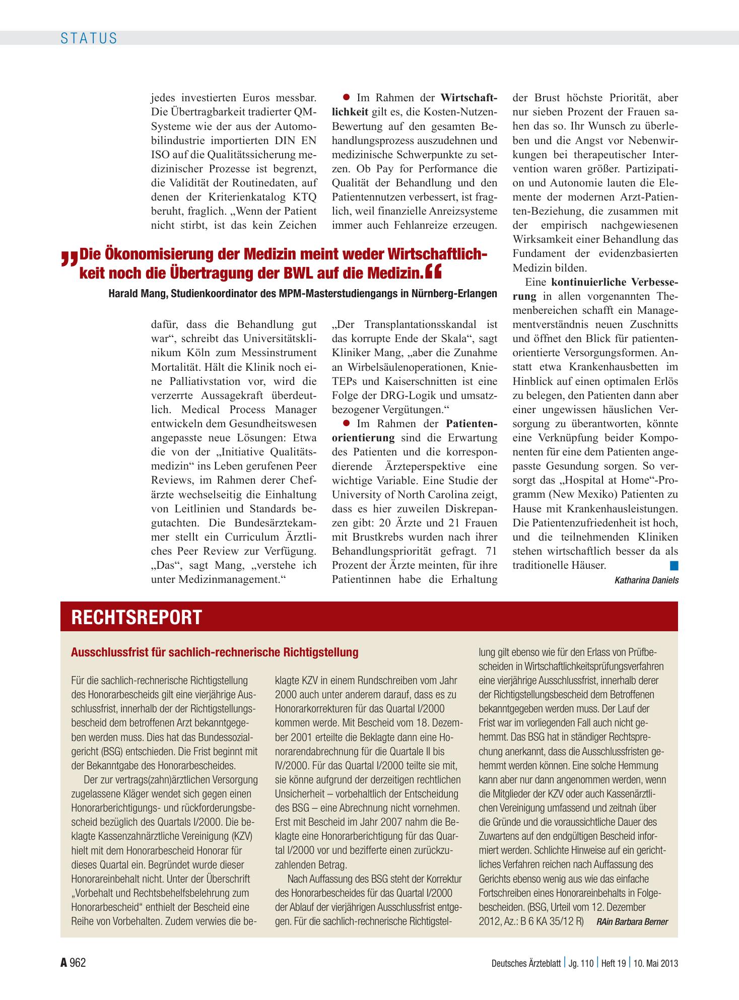 Vorschauseite 1: Ausschlussfrist für sachlich-rechnerische Richtigstellung – Deutsches Ärzteblatt
