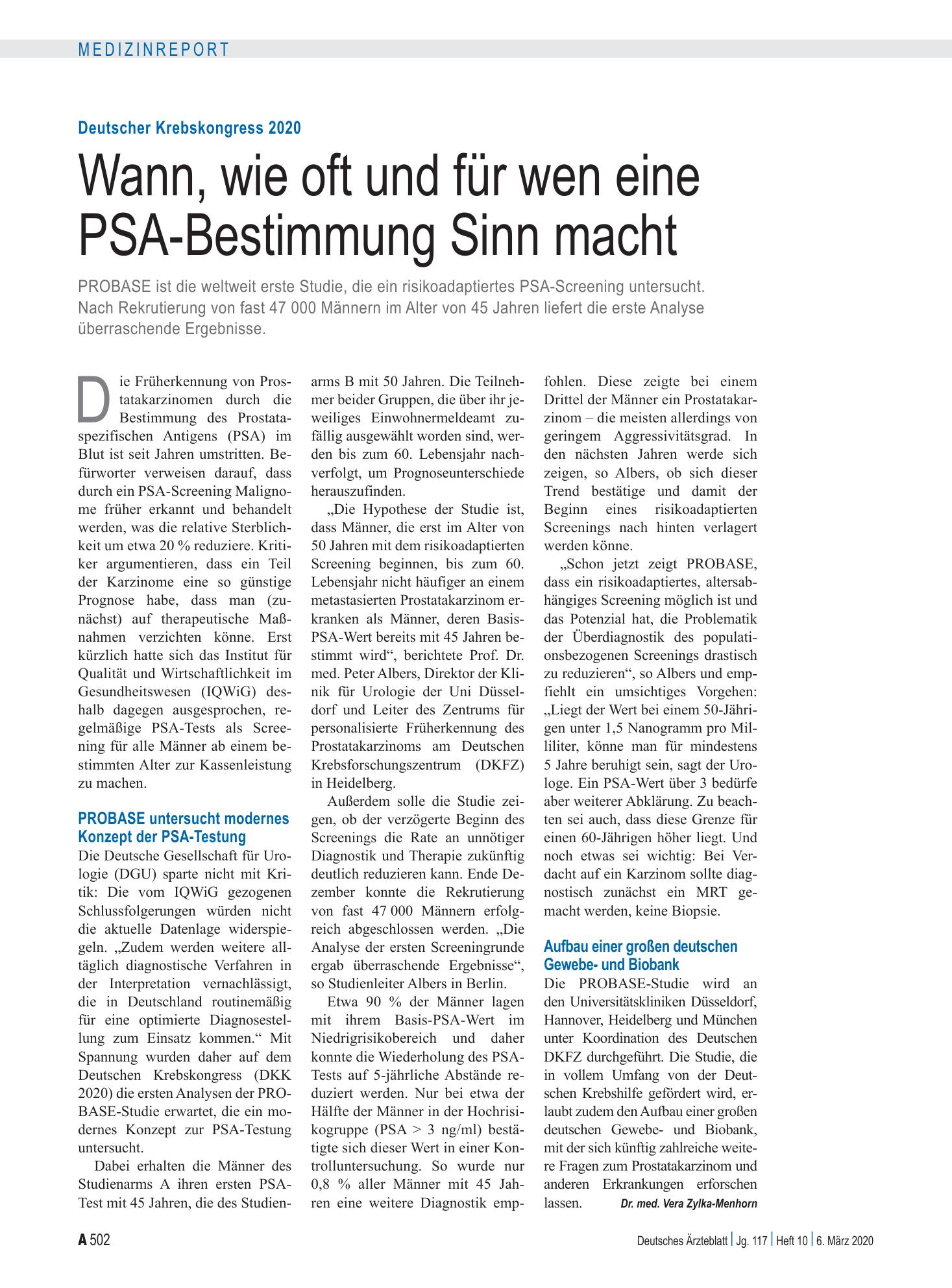 Vorschauseite 1: Deutscher Krebskongress 2020: Wann, wie oft und für wen eine PSA-Bestimmung Sinn macht – Deutsches Ärzteblatt