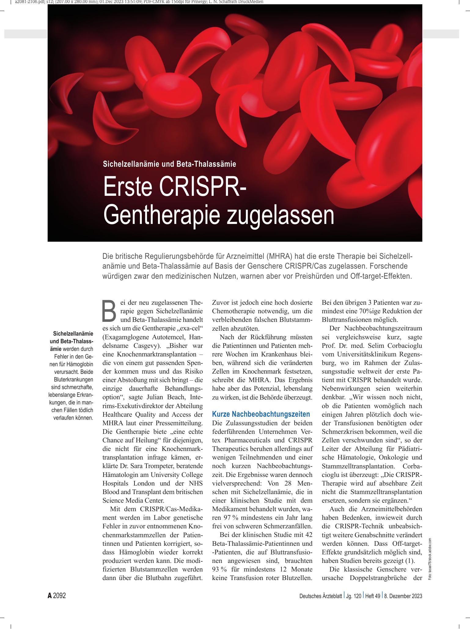 Vorschauseite 1: Sichelzellanämie und Beta-Thalassämie: Erste CRISPR-Gentherapie zugelassen – Deutsches Ärzteblatt