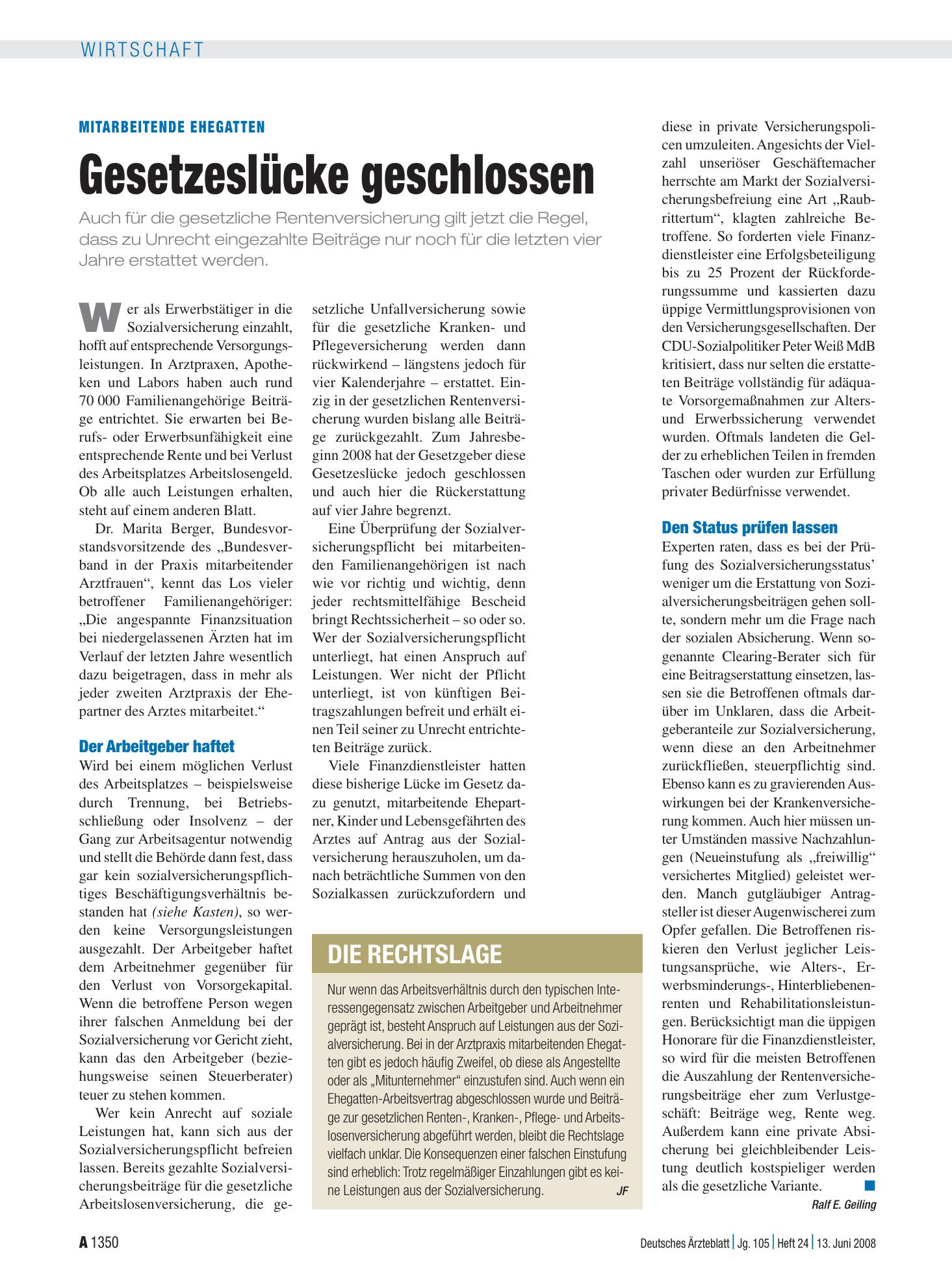 Vorschauseite 1: Mitarbeitende Ehegatten: Gesetzeslücke geschlossen – Deutsches Ärzteblatt