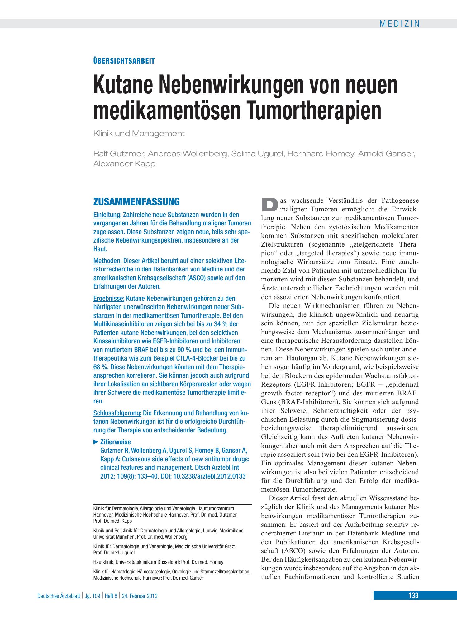 Vorschauseite 1: Kutane Nebenwirkungen von neuen medikamentösen Tumortherapien – Deutsches Ärzteblatt
