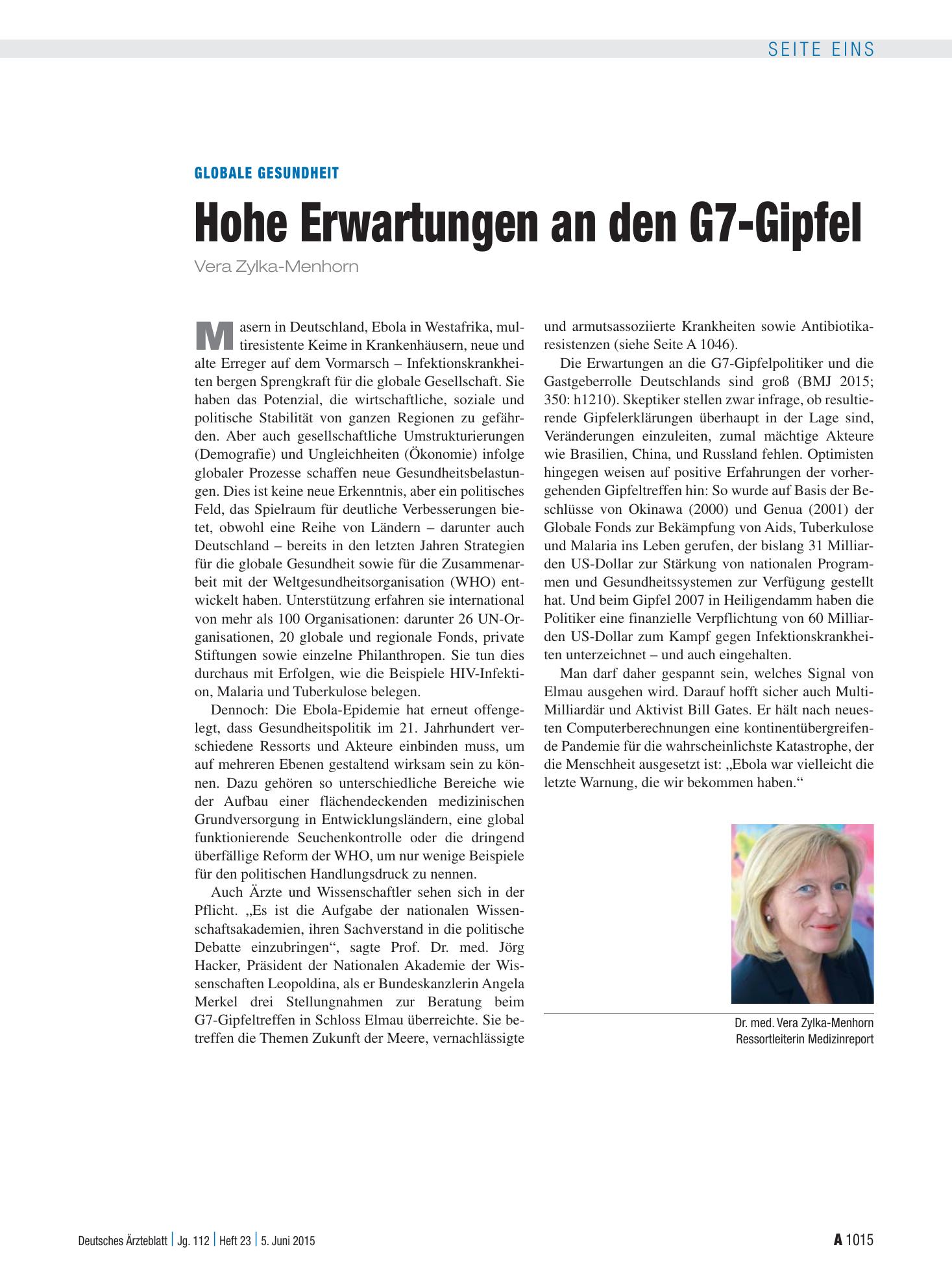 Vorschauseite 1: Globale Gesundheit: Hohe Erwartungen an den G7-Gipfel – Deutsches Ärzteblatt