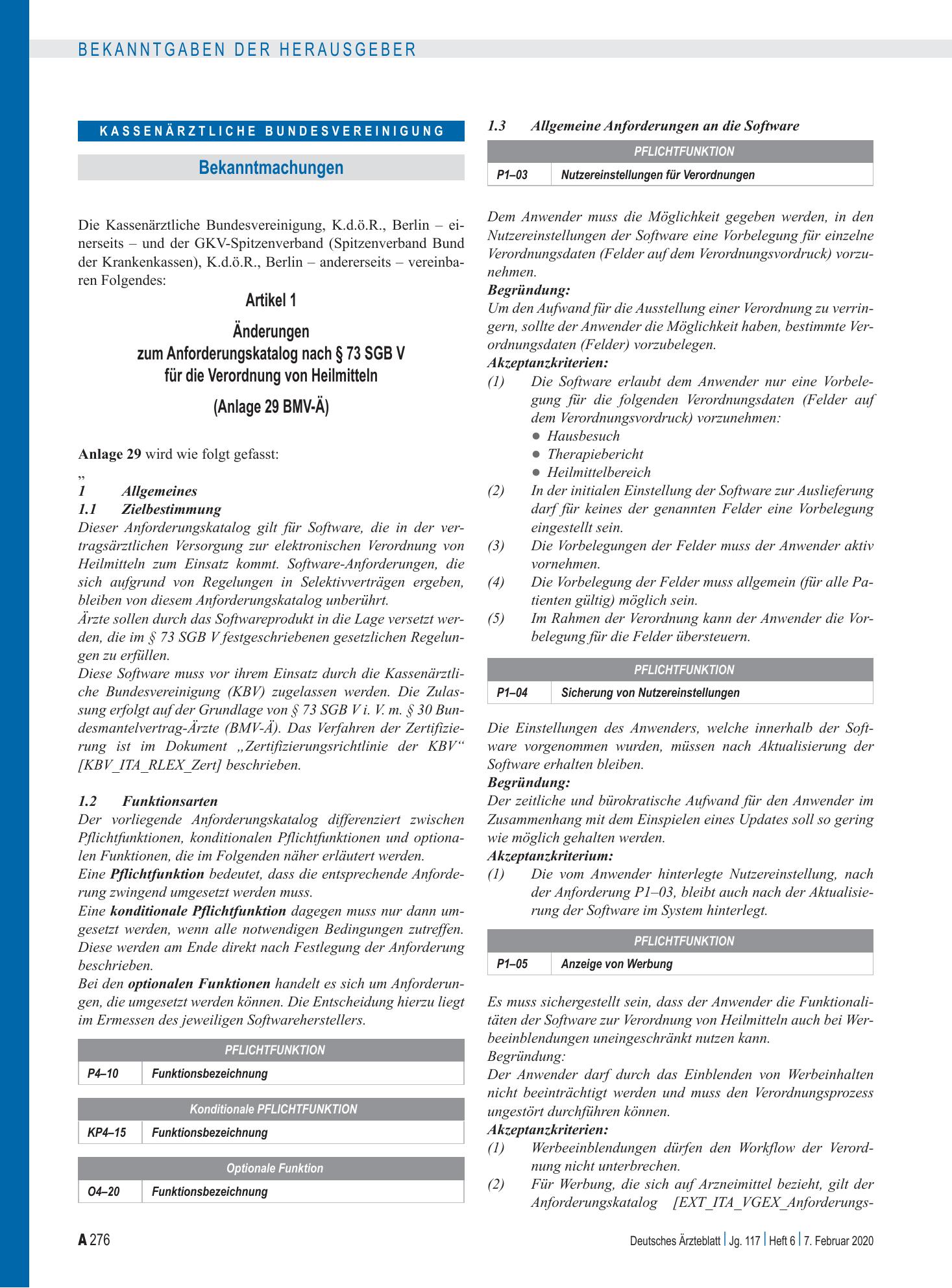 Vorschauseite 1: Änderungen zum Anforderungskatalog nach § 73 SGB V für die Verordnung von Heilmitteln (Anlage 29 BMV-Ä): Artikel 1, Artikel 2, Inkrafttreten – Deutsches Ärzteblatt