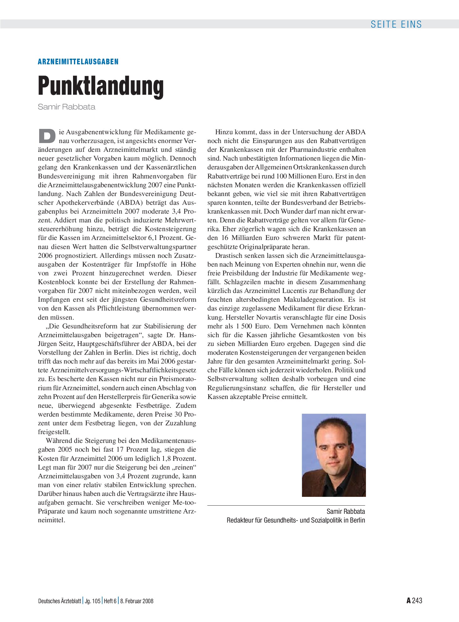 Vorschauseite 1: Arzneimittelausgaben: Punktlandung – Deutsches Ärzteblatt