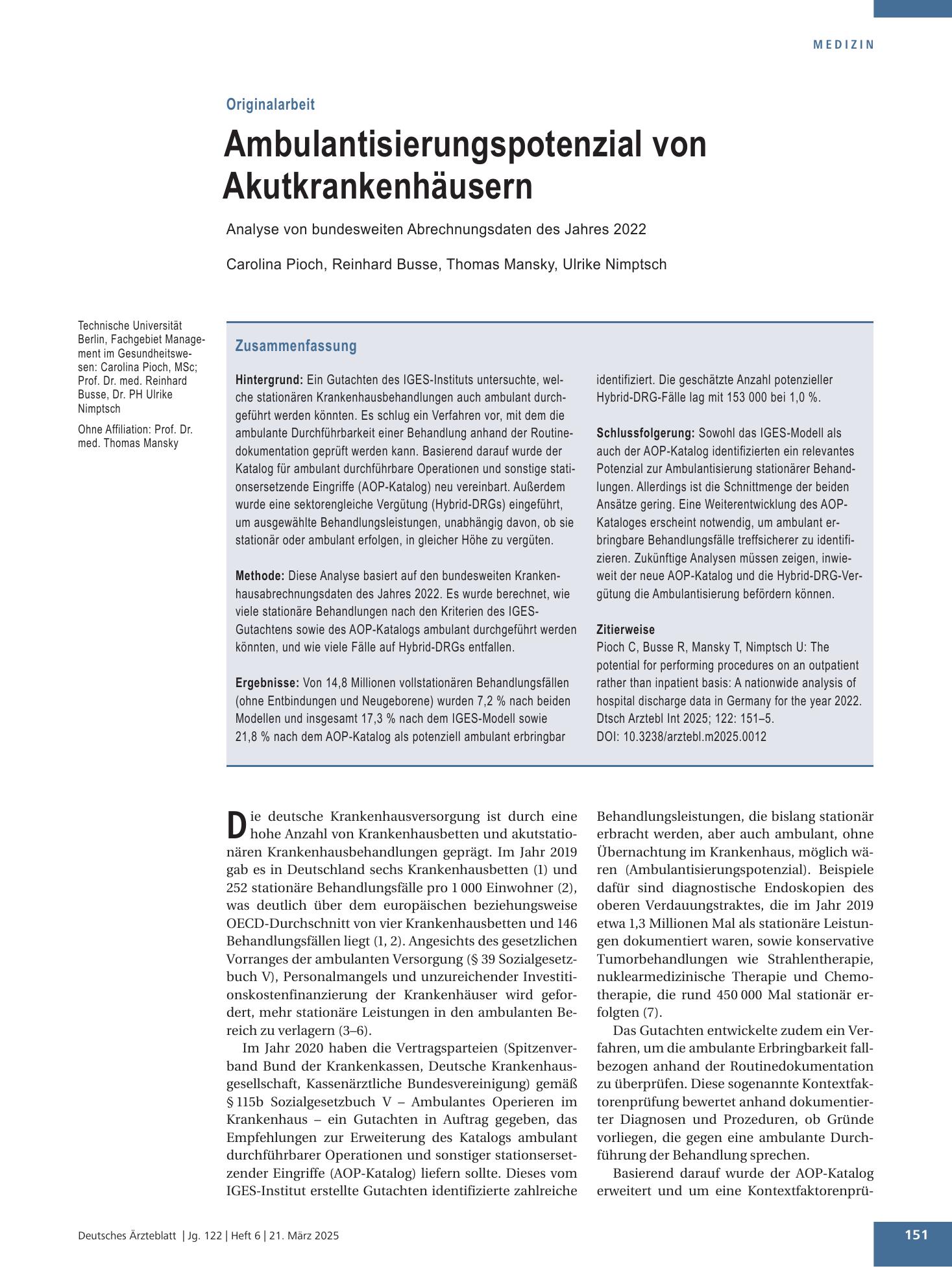 Vorschauseite 1: Ambulantisierungspotenzial von Akutkrankenhäusern – Deutsches Ärzteblatt