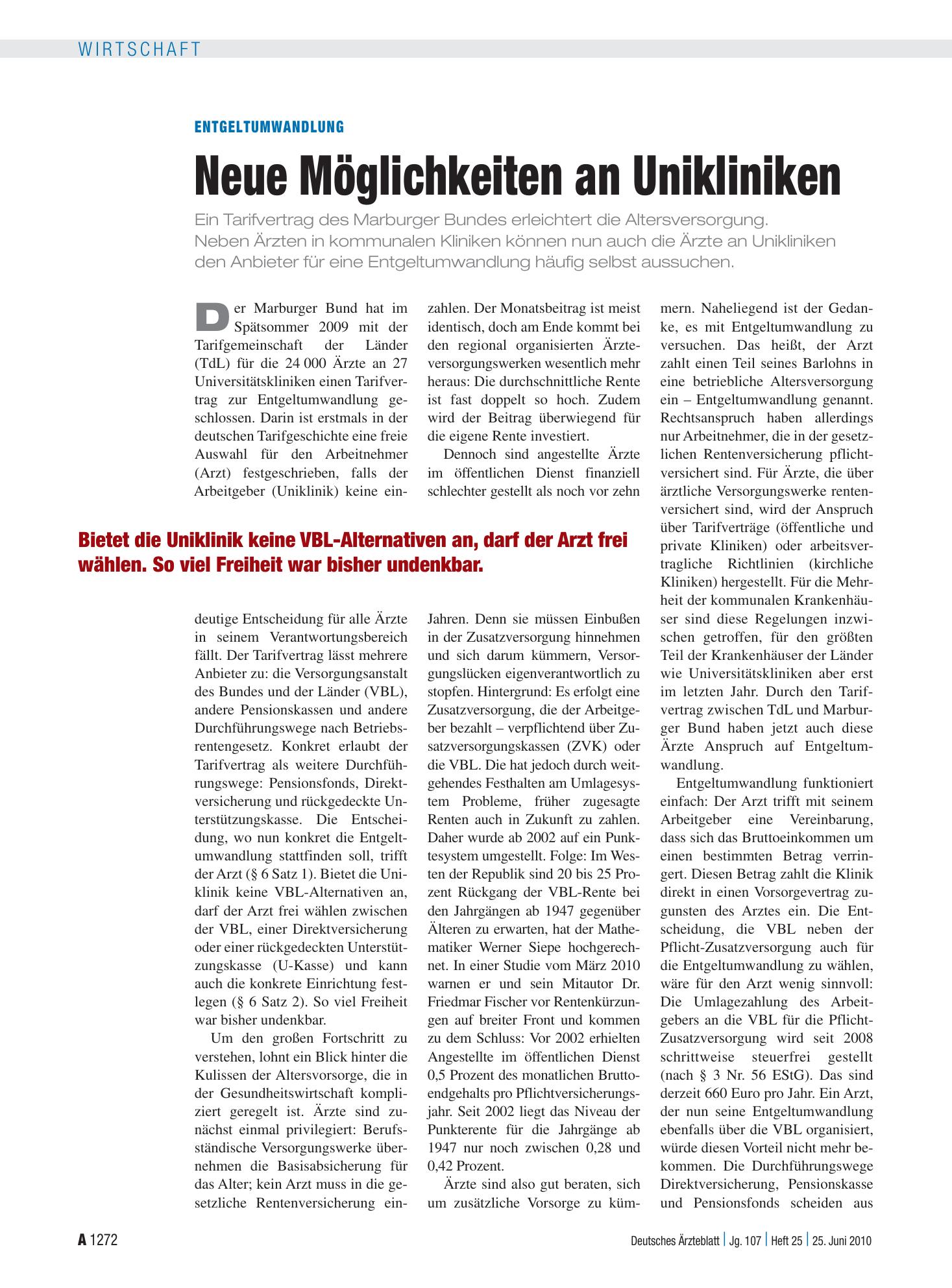 Vorschauseite 1: Entgeltumwandlung: Neue Möglichkeiten an Unikliniken – Deutsches Ärzteblatt