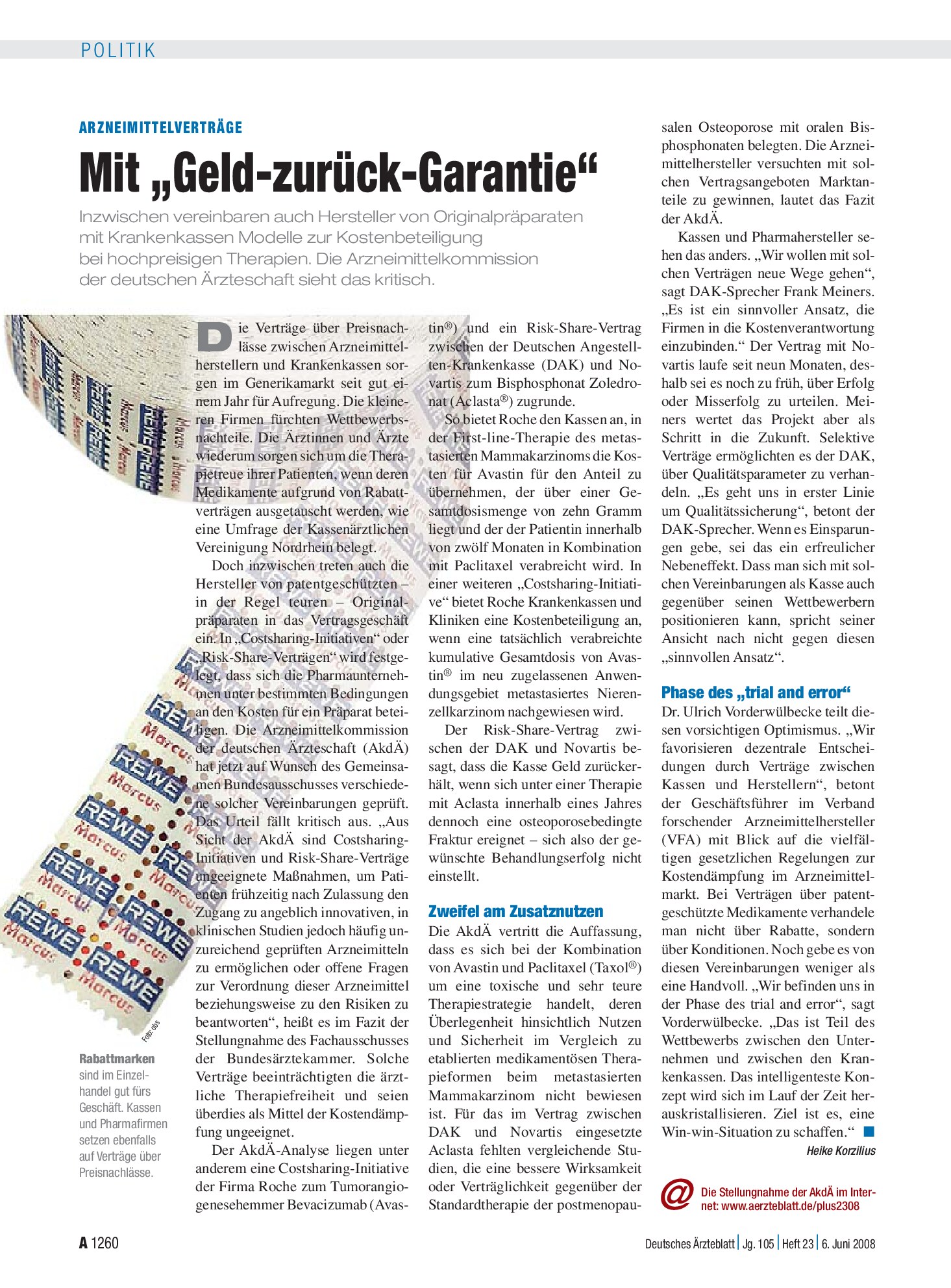 Vorschauseite 1: Arzneimittelverträge: Mit „Geld-zurück-Garantie“ – Deutsches Ärzteblatt