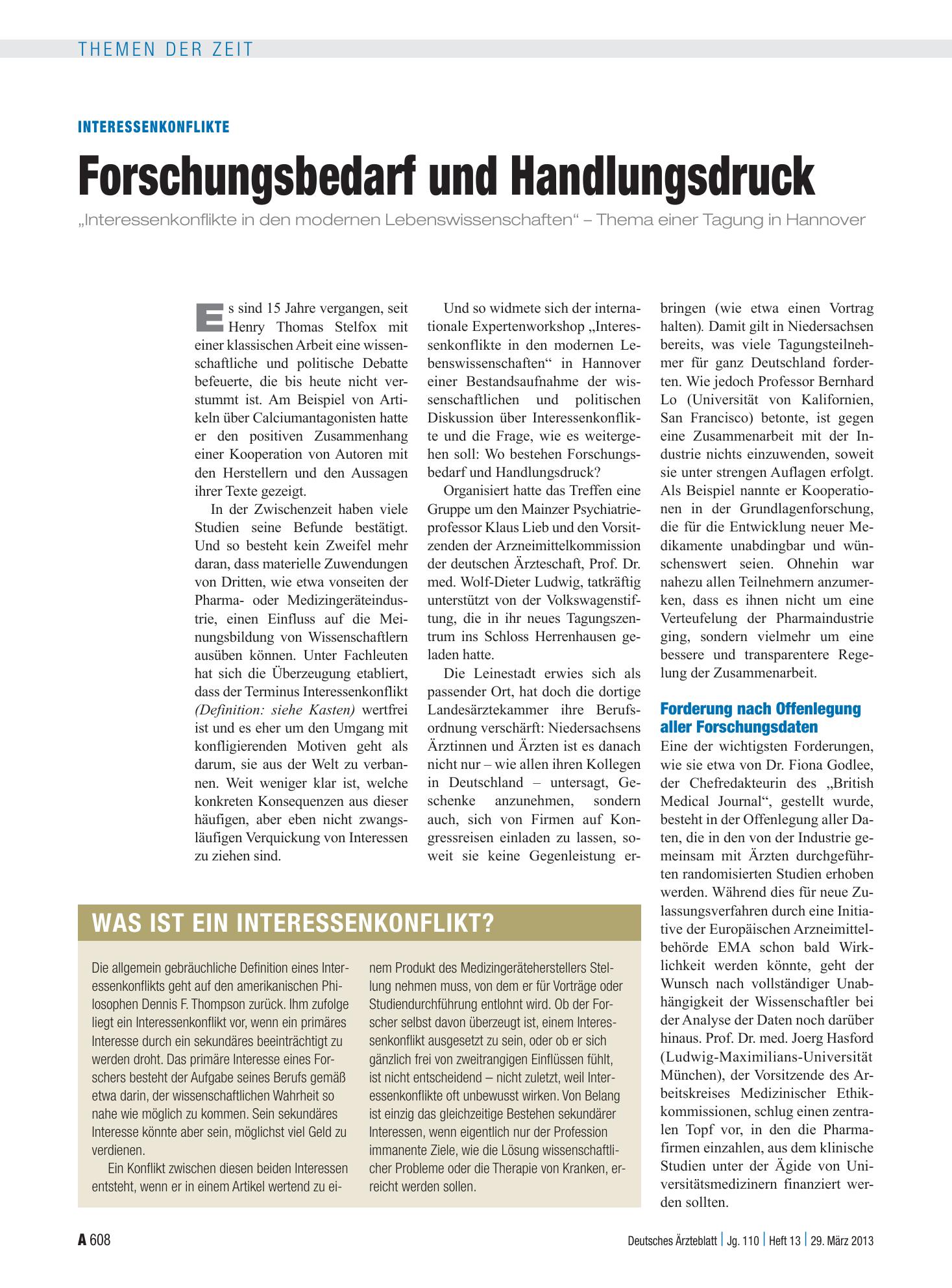 Vorschauseite 1: Interessenkonflikte: Forschungsbedarf und Handlungsdruck – Deutsches Ärzteblatt