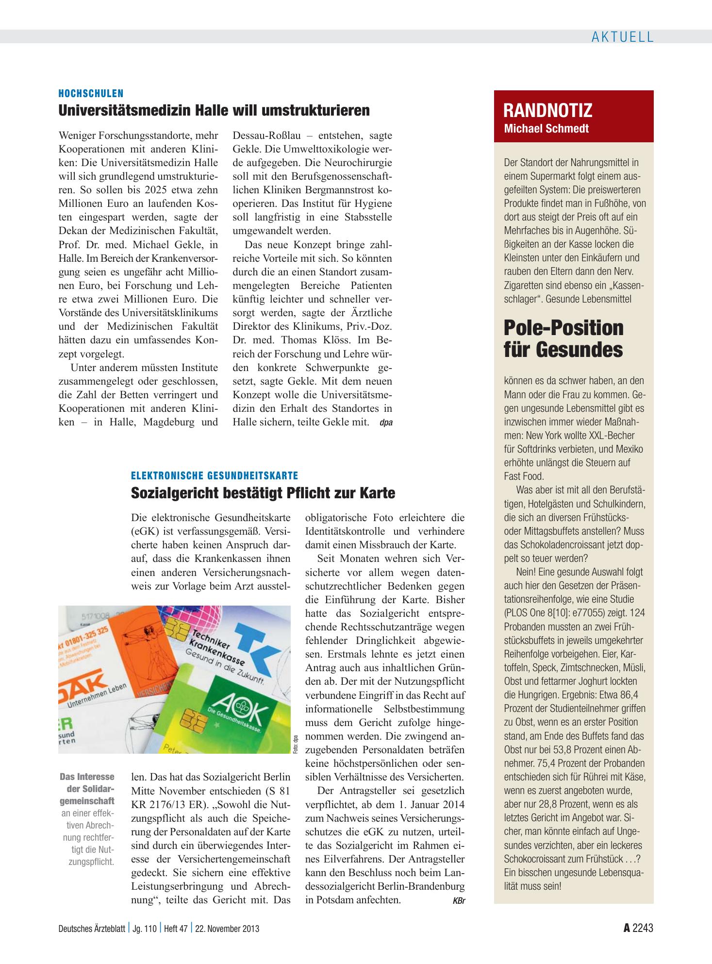 Vorschauseite 1: Randnotiz: Pole-Position für Gesundes – Deutsches Ärzteblatt
