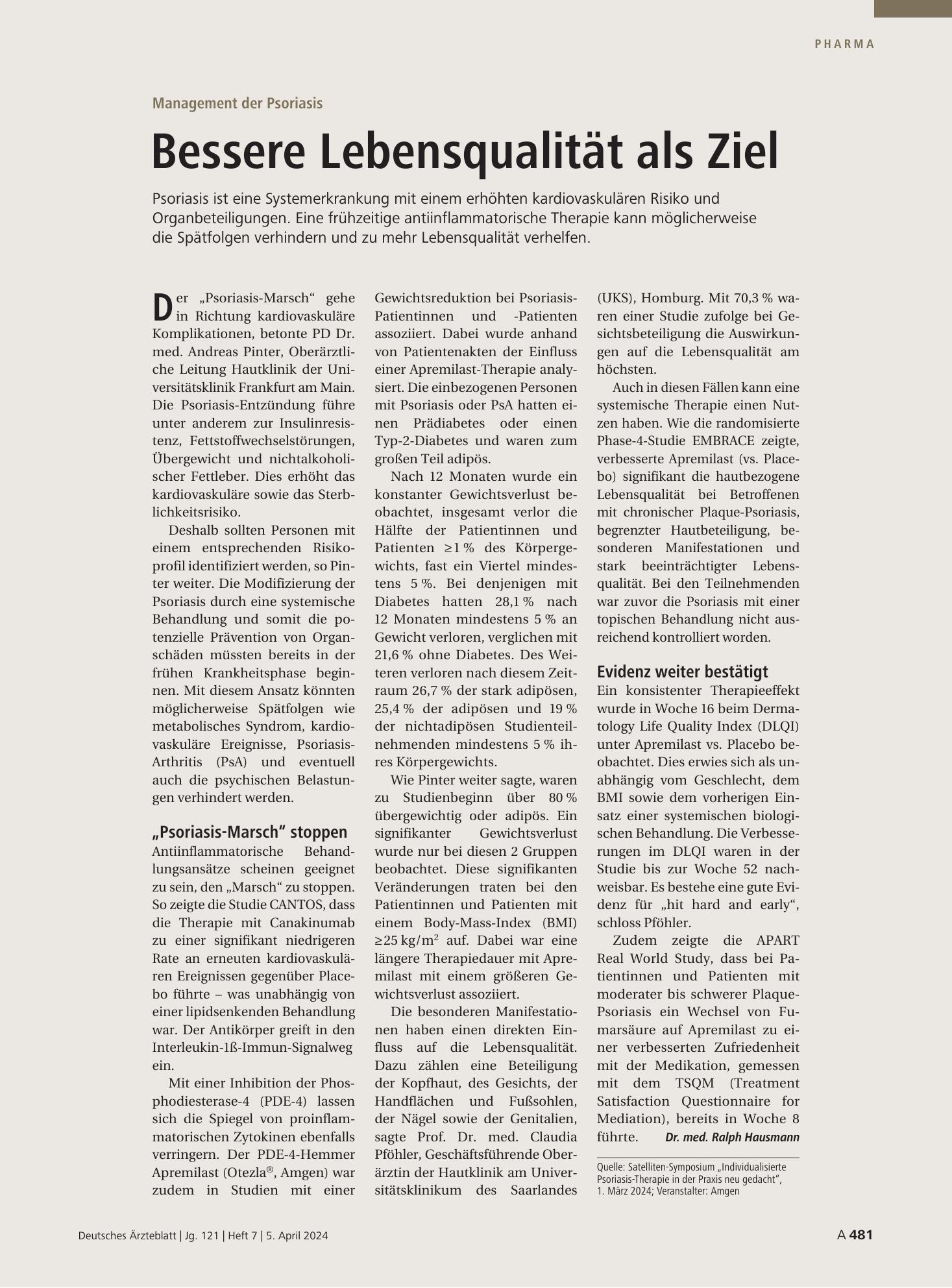 Vorschauseite 1: Management der Psoriasis: Bessere Lebensqualität als Ziel – Deutsches Ärzteblatt