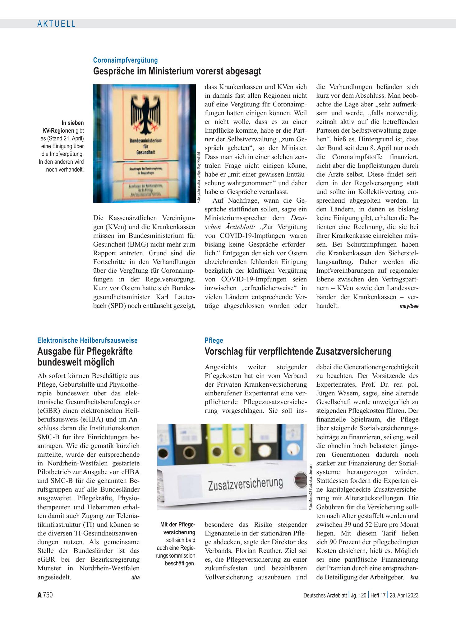 Vorschauseite 1: Elektronische Heilberufsausweise: Ausgabe für Pflegekräfte bundesweit möglich – Deutsches Ärzteblatt