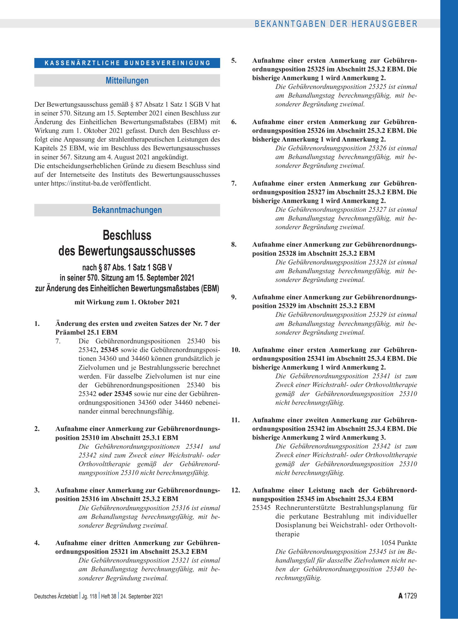 Vorschauseite 1: Beschluss des Bewertungsausschusses nach § 87 Abs. 1 Satz 1 SGB V in seiner 570. Sitzung am 15. September 2021 zur Änderung des Einheitlichen Bewertungsmaßstabes (EBM) – Deutsches…