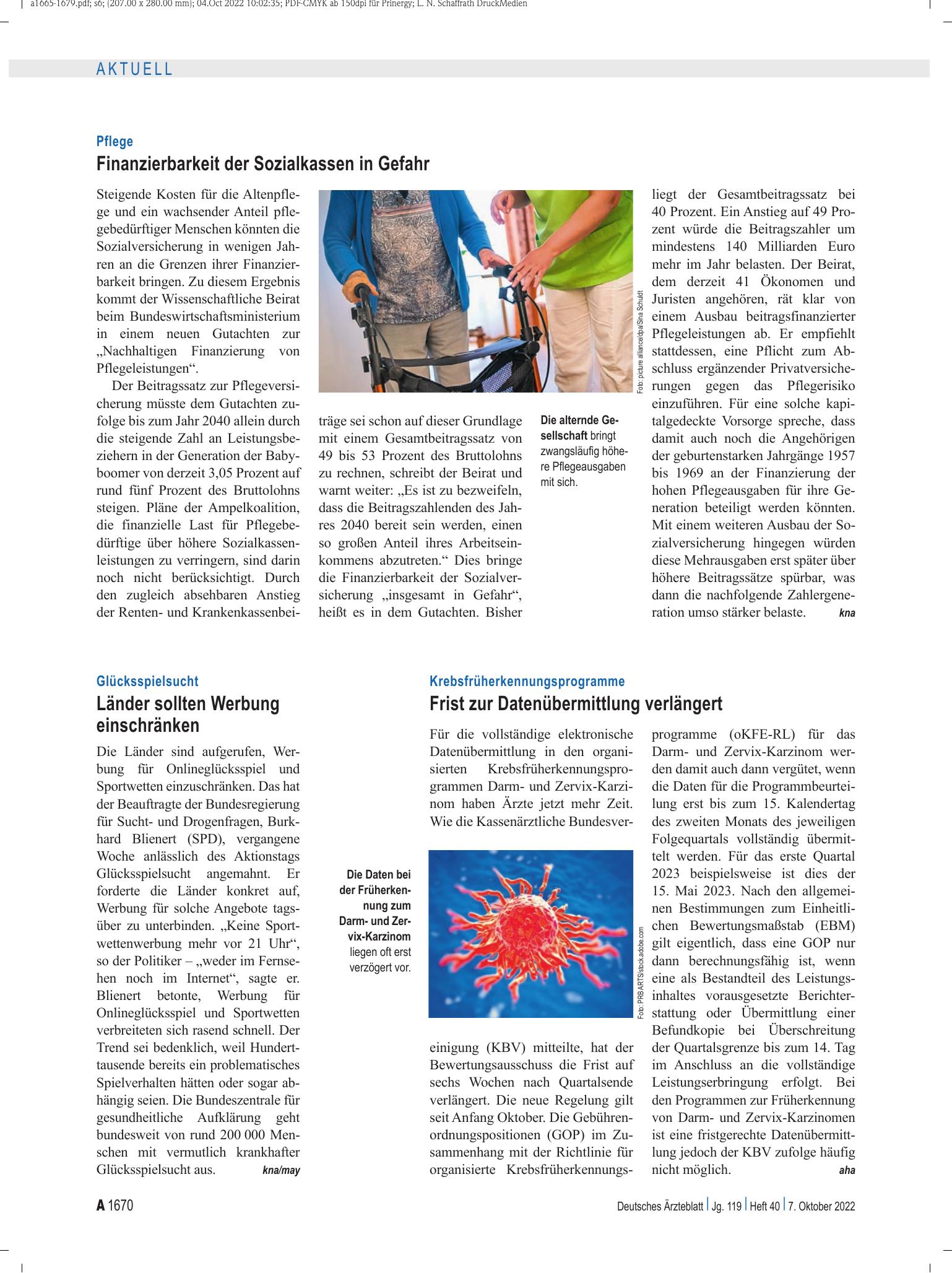 Vorschauseite 1: Krebsfrüherkennungsprogramme: Frist zur Datenübermittlung verlängert – Deutsches Ärzteblatt