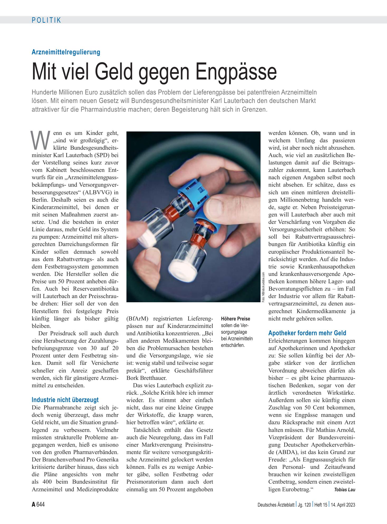 Vorschauseite 1: Arzneimittelregulierung: Mit viel Geld gegen Engpässe – Deutsches Ärzteblatt