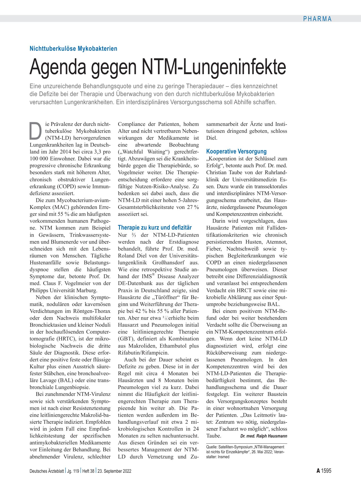 Vorschauseite 1: Nichttuberkulöse Mykobakterien: Agenda gegen NTM-Lungeninfekte – Deutsches Ärzteblatt