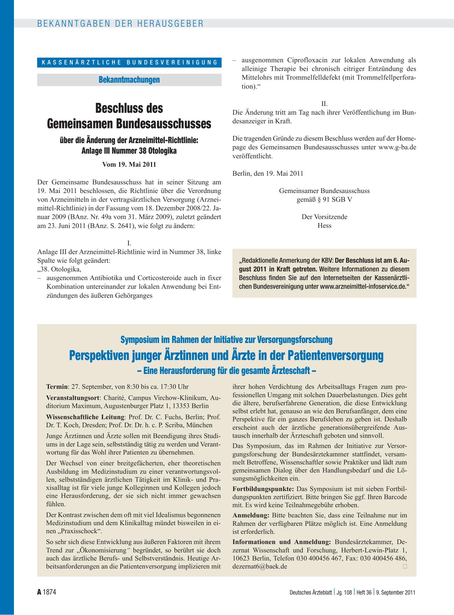 Vorschauseite 1: Symposium im Rahmen der Initiative zur Versorgungsforschung Perspektiven junger Ärztinnen und Ärzte in der Patientenversorgung – Eine Herausforderung für die gesamte Ärzteschaft –…