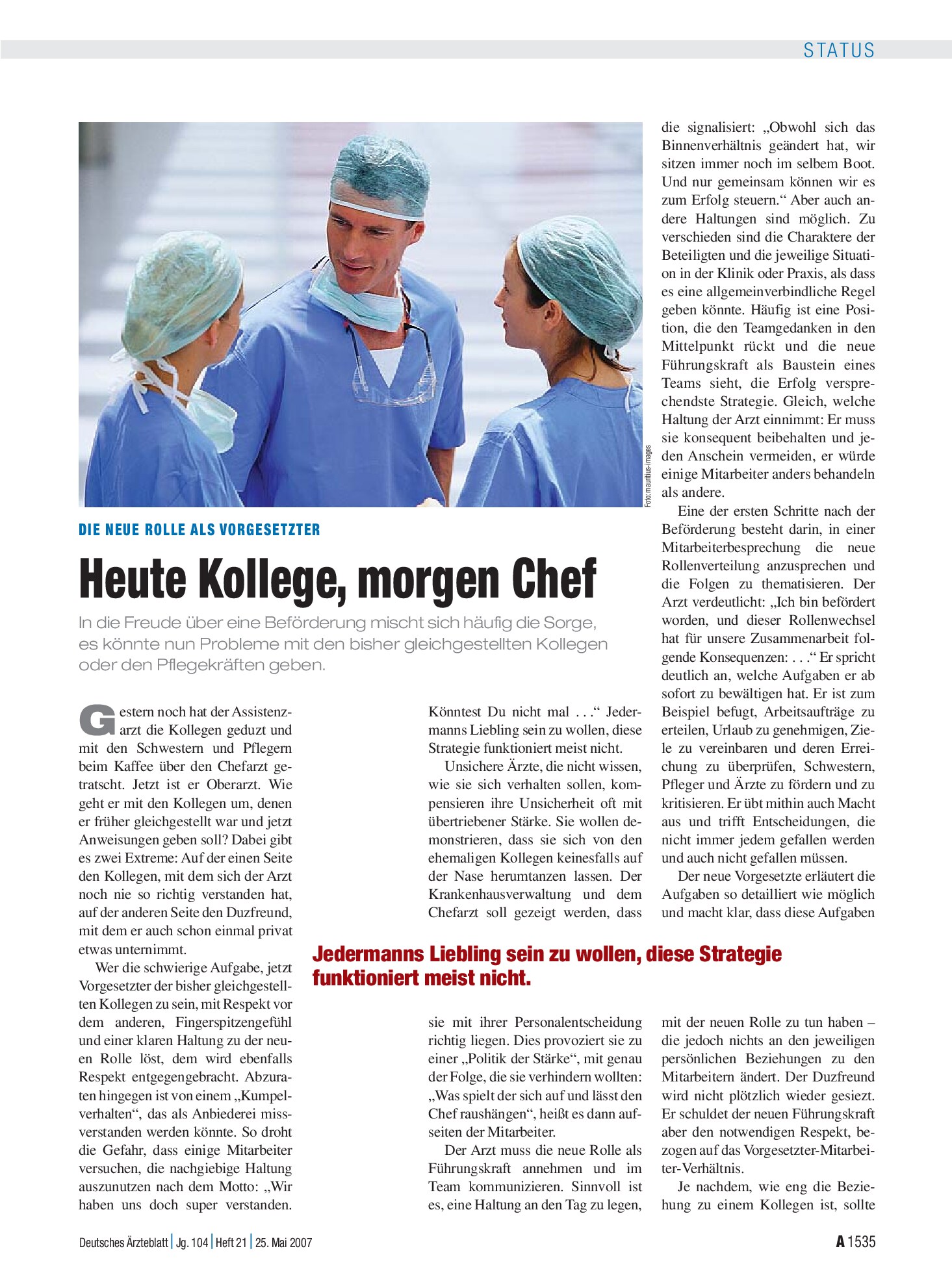 Vorschauseite 1: Die neue Rolle als Vorgesetzter: Heute Kollege, morgen Chef – Deutsches Ärzteblatt