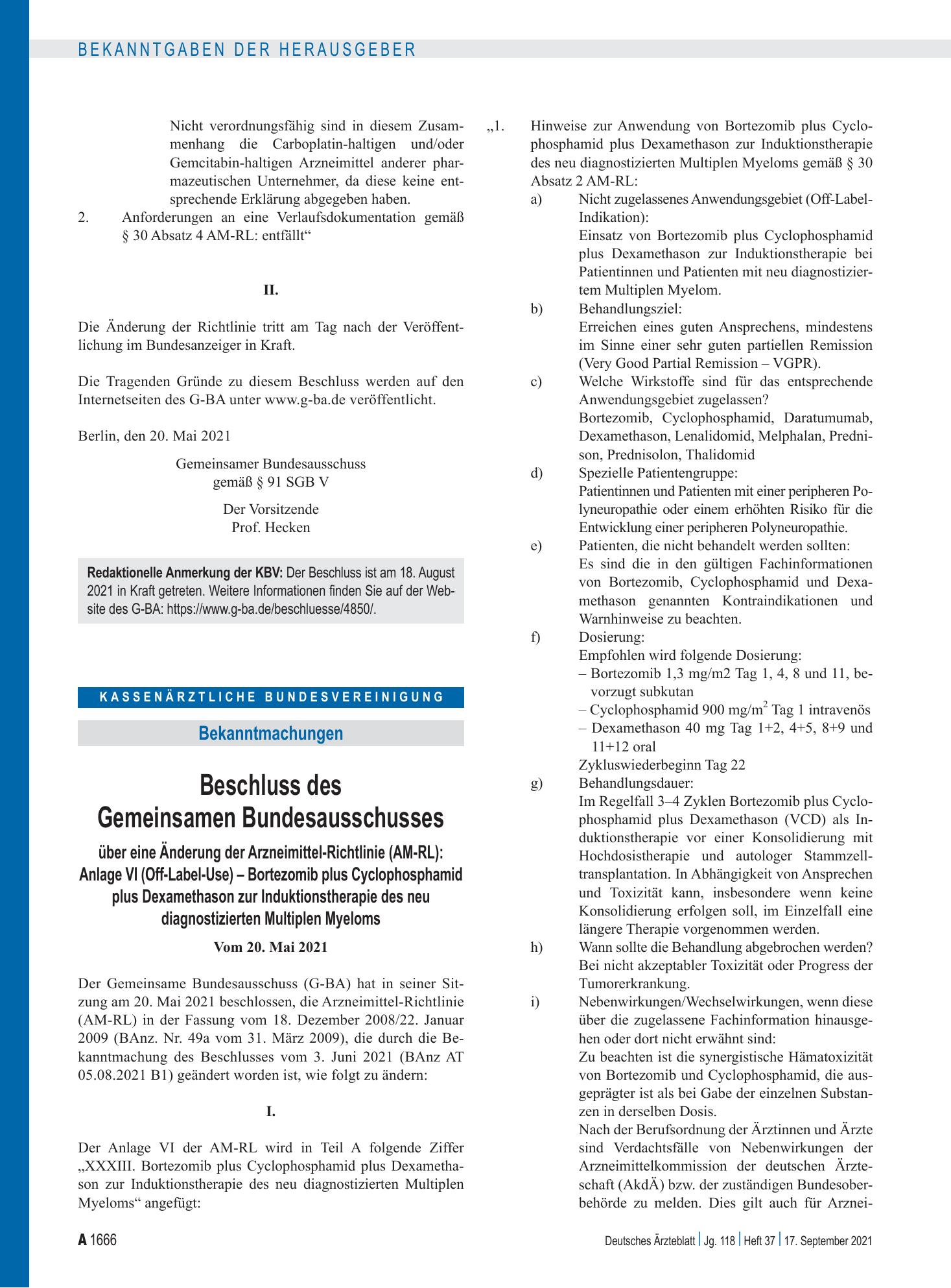 Vorschauseite 1: Beschluss des Gemeinsamen Bundesausschusses über eine Änderung der Arzneimittel-Richtlinie (AM-RL): Bortezomib plus Cyclophosphamid plus Dexamethason – Deutsches Ärzteblatt