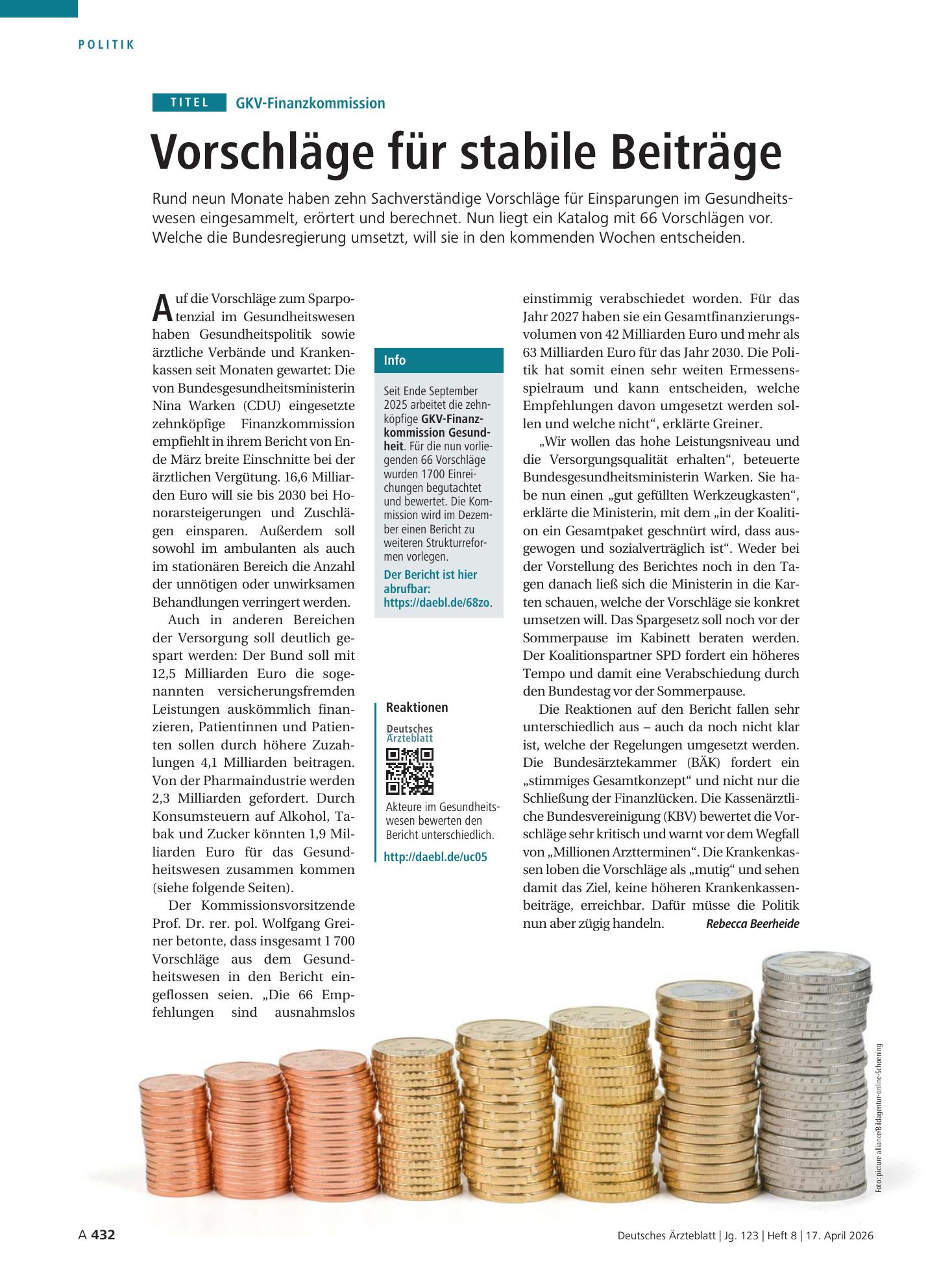 Vorschauseite 1: GKV-Finanzkommission: Vorschläge für stabile Beiträge – Deutsches Ärzteblatt