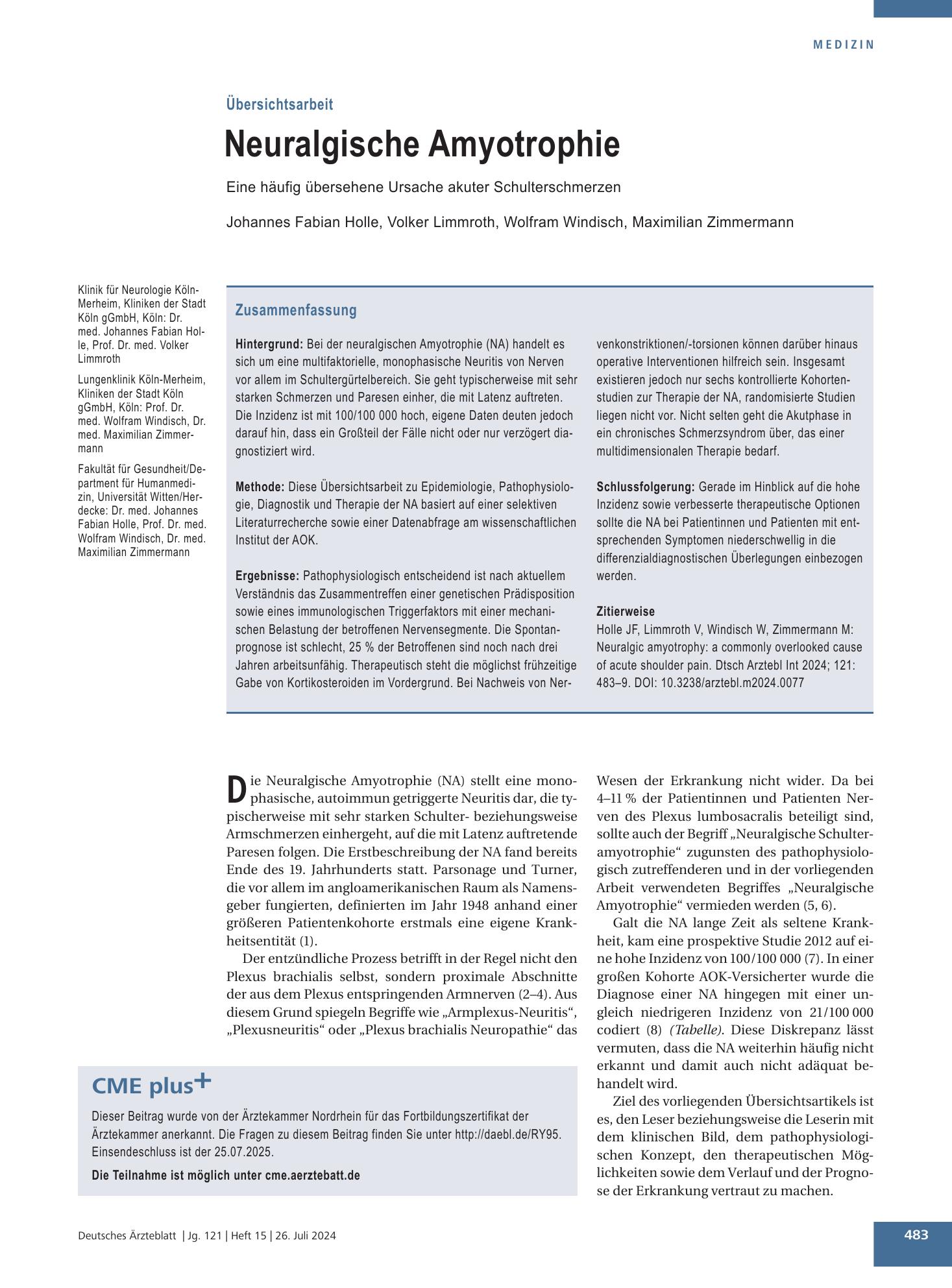 Vorschauseite 1: Neuralgische Amyotrophie – Deutsches Ärzteblatt