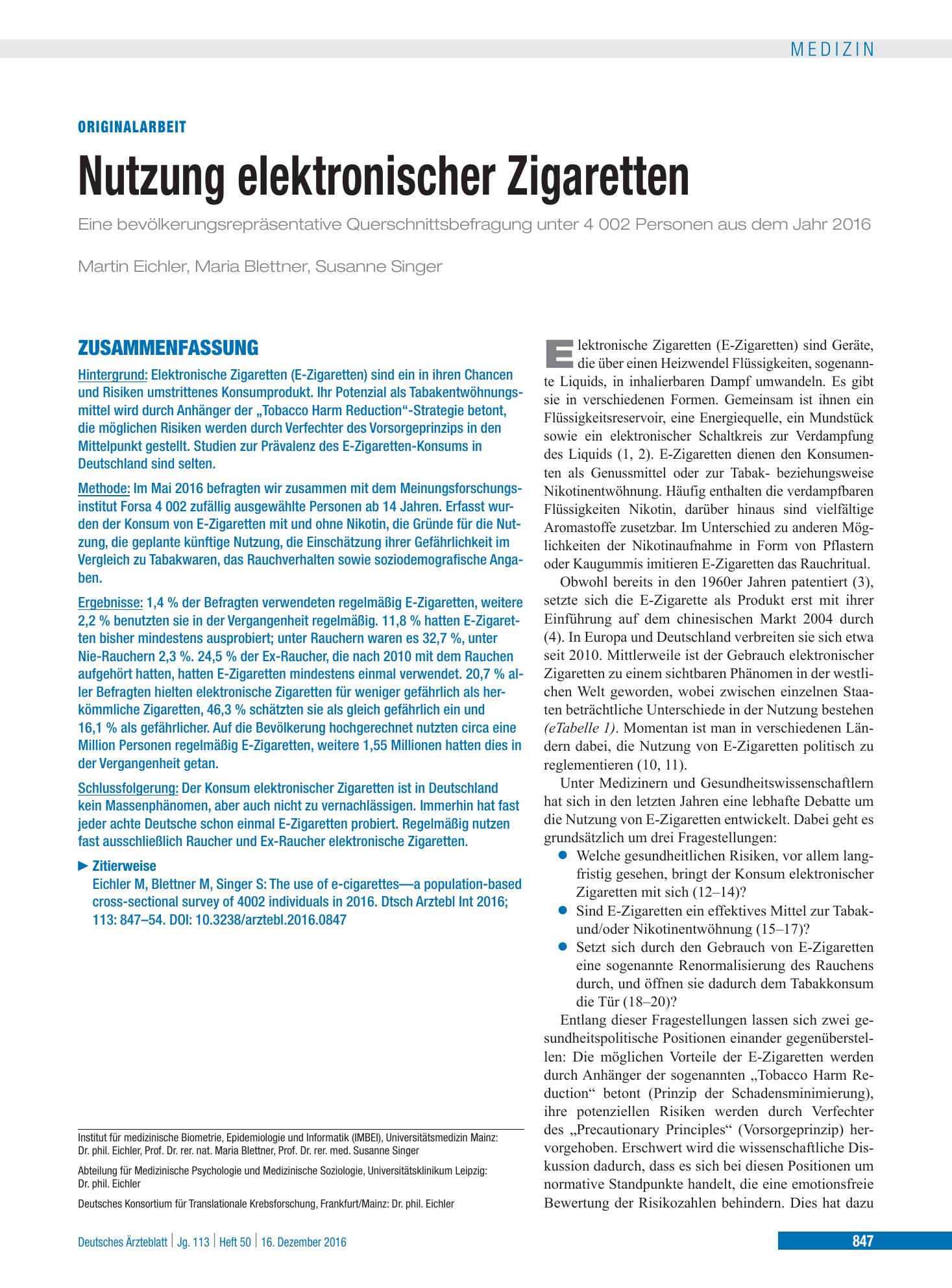 Vorschauseite 1: Nutzung elektronischer Zigaretten – Deutsches Ärzteblatt