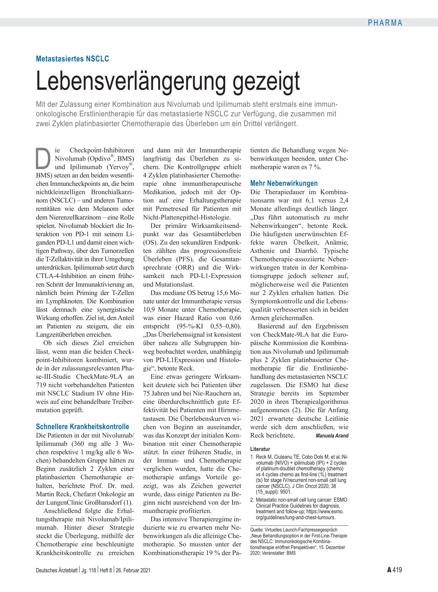 Vorschauseite 1: Metastasiertes NSCLC: Lebensverlängerung gezeigt – Deutsches Ärzteblatt