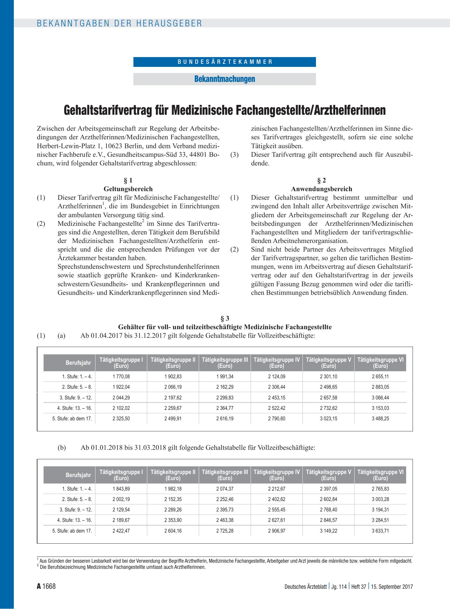 Vorschauseite 1: Gehaltstarifvertrag für Medizinische Fachangestellte/Arzthelferinnen – Deutsches Ärzteblatt