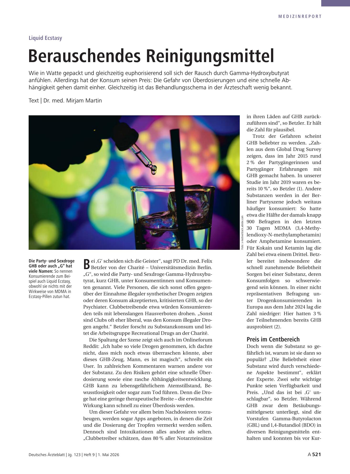 Vorschauseite 1: Liquid Ecstasy: Berauschendes Reinigungsmittel – Deutsches Ärzteblatt