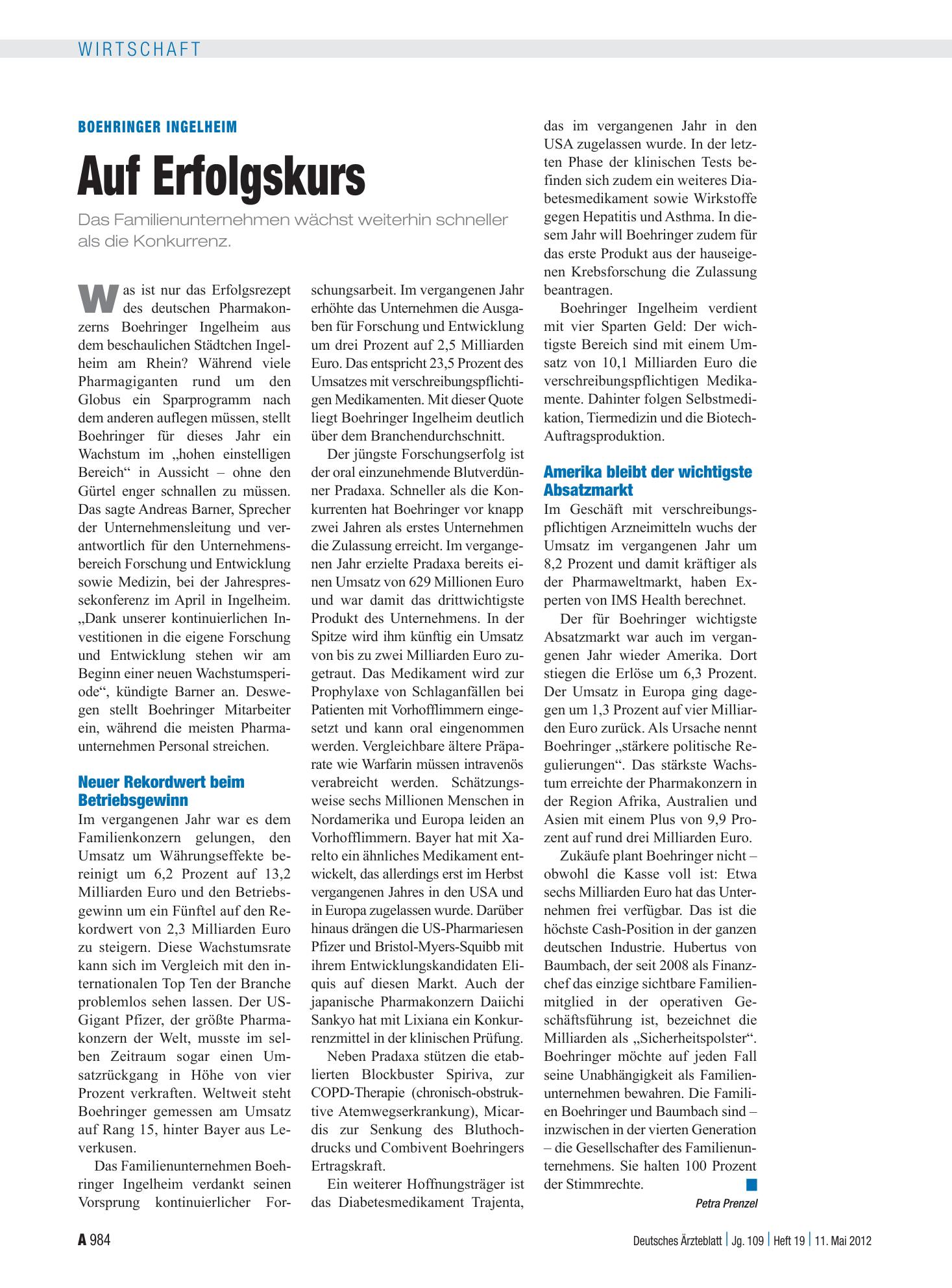 Vorschauseite 1: Boehringer Ingelheim: Auf Erfolgskurs – Deutsches Ärzteblatt