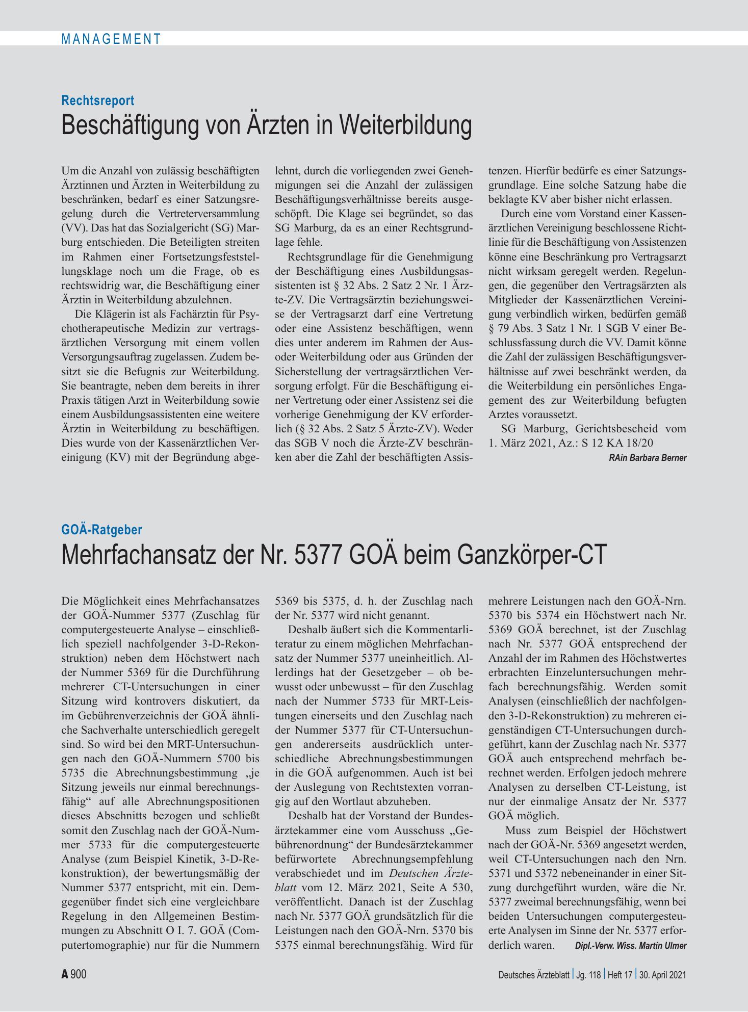 Vorschauseite 1: Rechtsreport: Beschäftigung von Ärzten in Weiterbildung – Deutsches Ärzteblatt