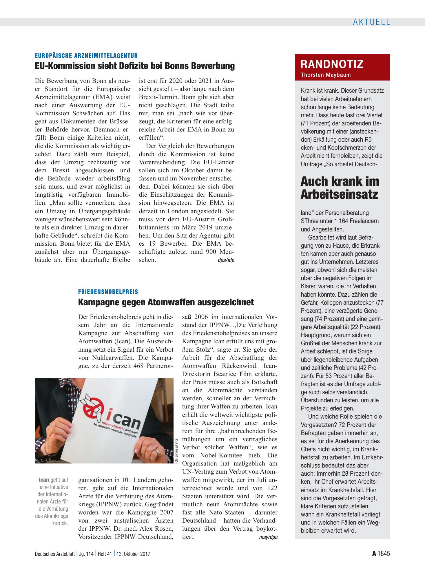 Vorschauseite 1: Randnotiz: Auch krank im Arbeitseinsatz – Deutsches Ärzteblatt
