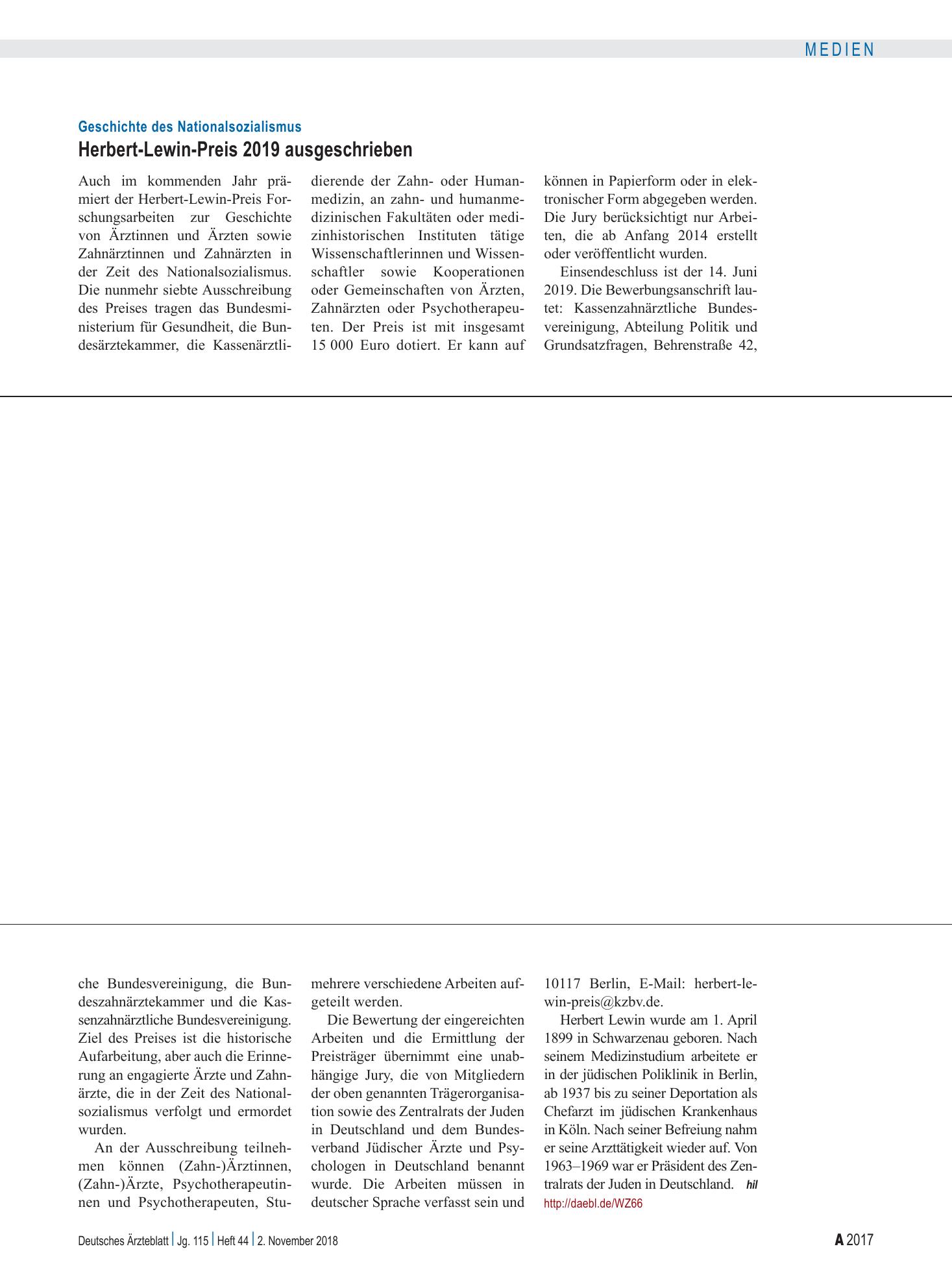 Vorschauseite 1: Geschichte des Nationalsozialismus: Herbert-Lewin-Preis 2019 ausgeschrieben – Deutsches Ärzteblatt