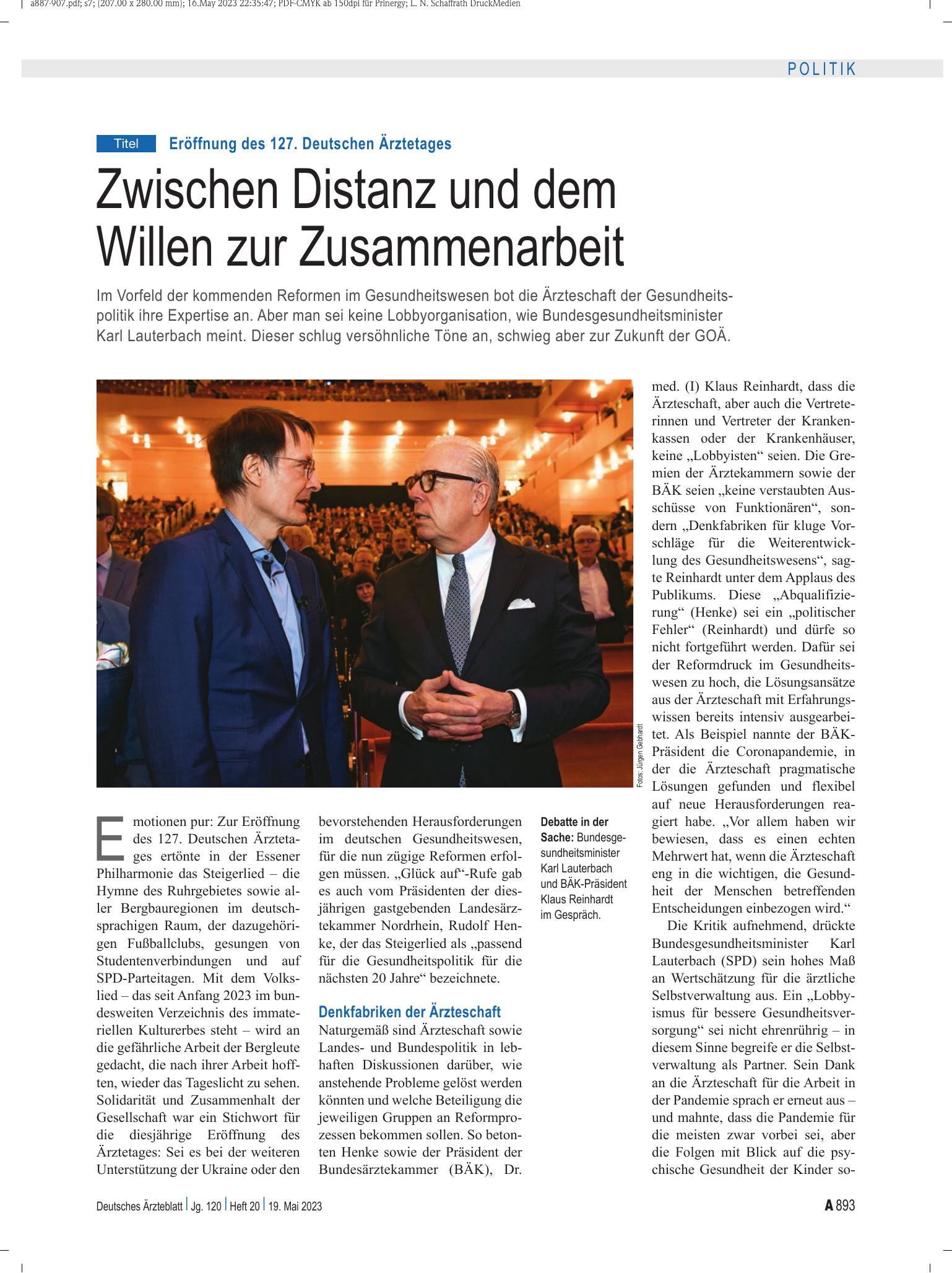 Vorschauseite 1: Eröffnung des 127. Deutschen Ärztetages: Zwischen Distanz und dem Willen zur Zusammenarbeit – Deutsches Ärzteblatt
