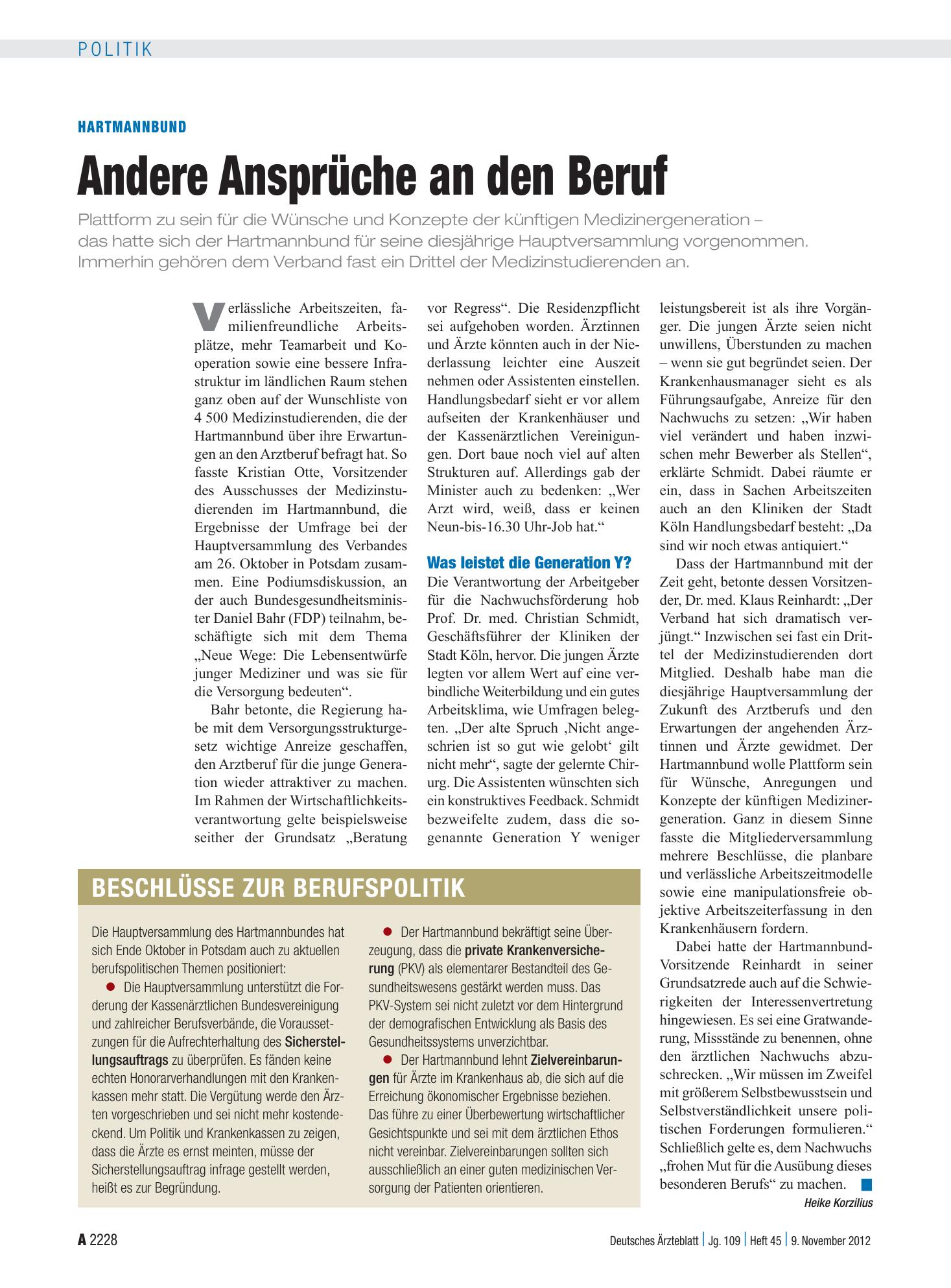 Vorschauseite 1: Hartmannbund: Andere Ansprüche an den Beruf – Deutsches Ärzteblatt