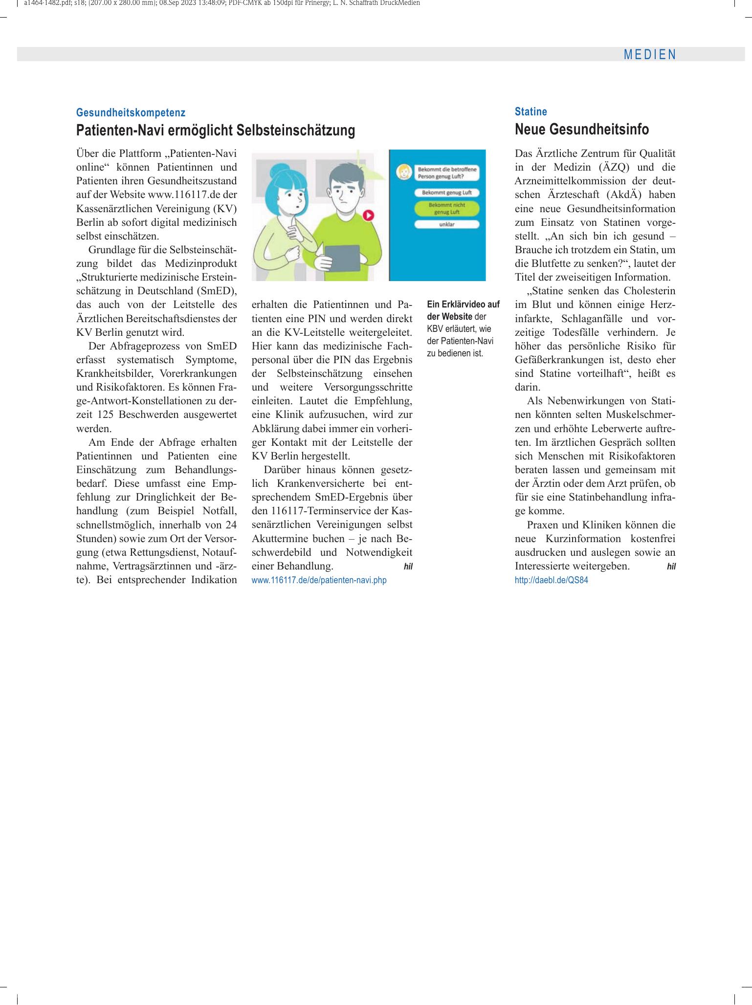 Vorschauseite 1: Statine: Neue Gesundheitsinfo – Deutsches Ärzteblatt