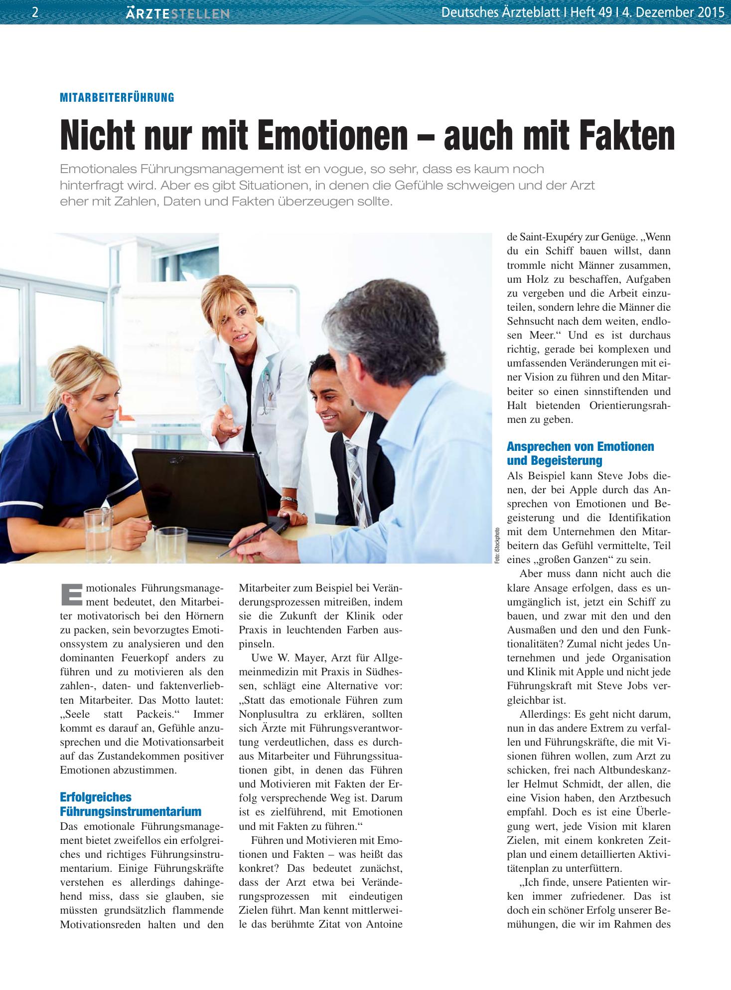 Vorschauseite 1: Mitarbeiterführung: Nicht nur mit Emotionen – auch mit Fakten – Deutsches Ärzteblatt