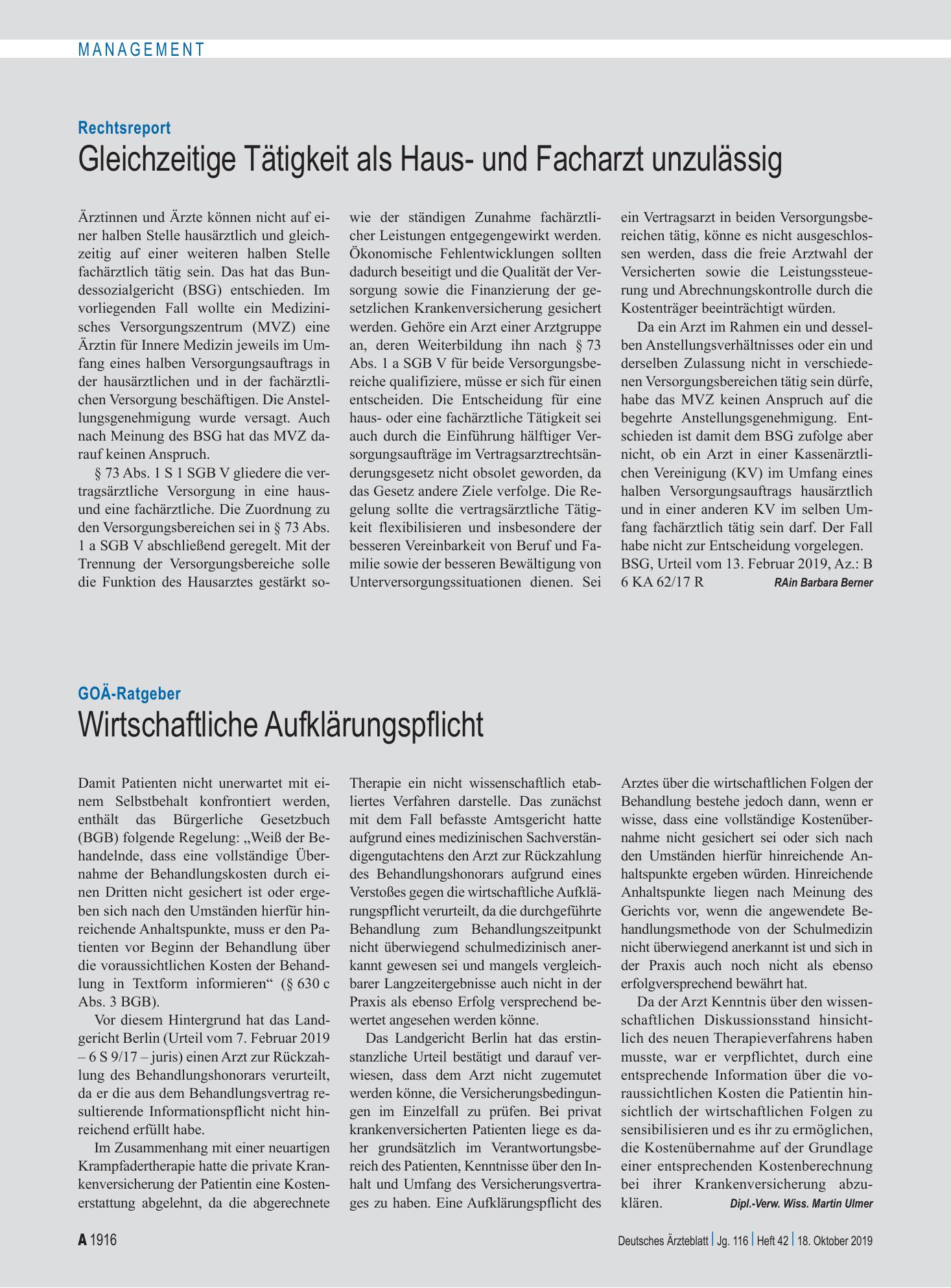Vorschauseite 1: GOÄ-Ratgeber: Wirtschaftliche Aufklärungspflicht – Deutsches Ärzteblatt