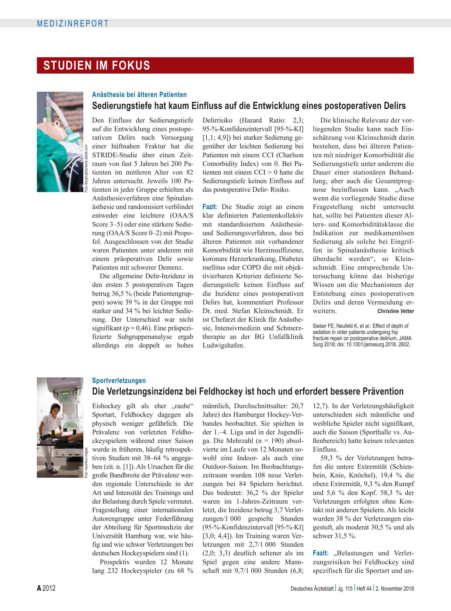 Vorschauseite 1: Anästhesie bei älteren Patienten: Sedierungstiefe hat kaum Einfluss auf die Entwicklung eines postoperativen Delirs – Deutsches Ärzteblatt