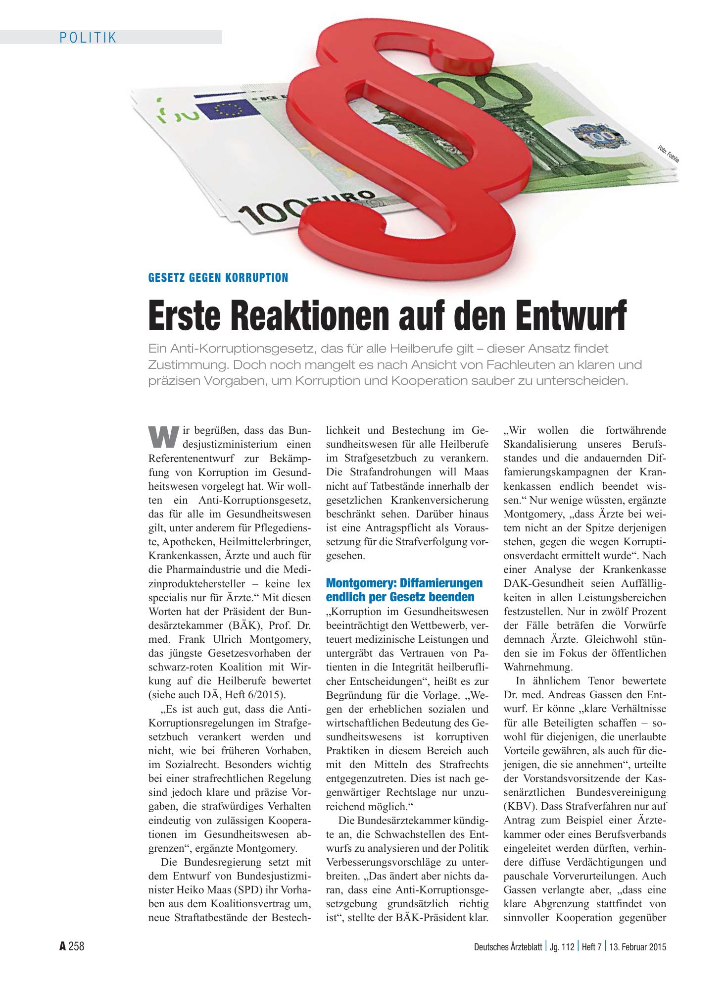 Vorschauseite 1: Gesetz gegen Korruption: Erste Reaktionen auf den Entwurf – Deutsches Ärzteblatt